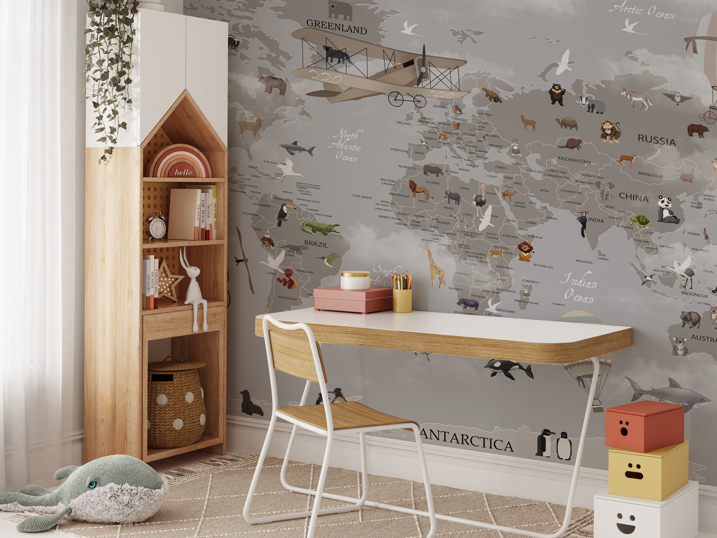 Animals aloft mural with a world map for adventurous decor.
