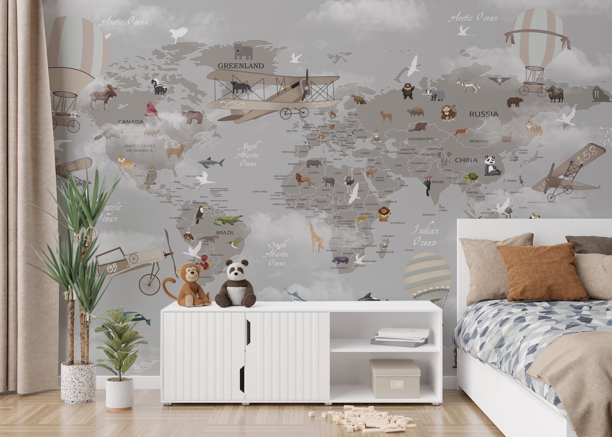 Playful map mural featuring animals aloft for kids' walls.
