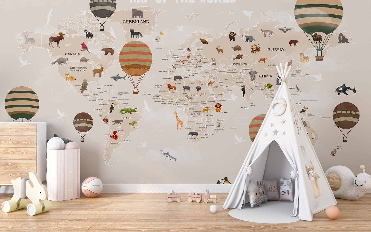 Adventurous animals map mural for fun and educational wall decor.
