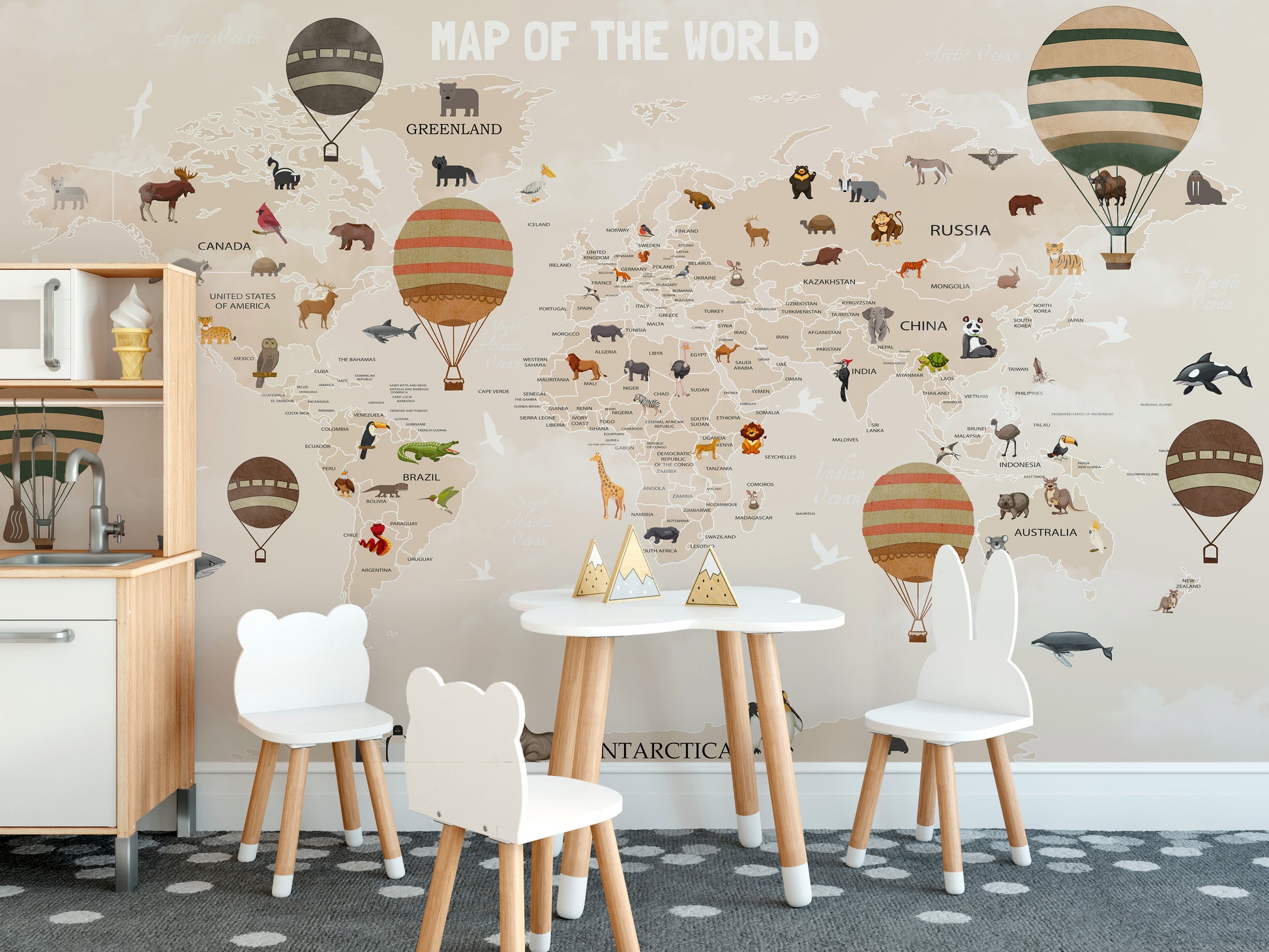 Colorful adventurous animals map mural for kids' wall decor.
