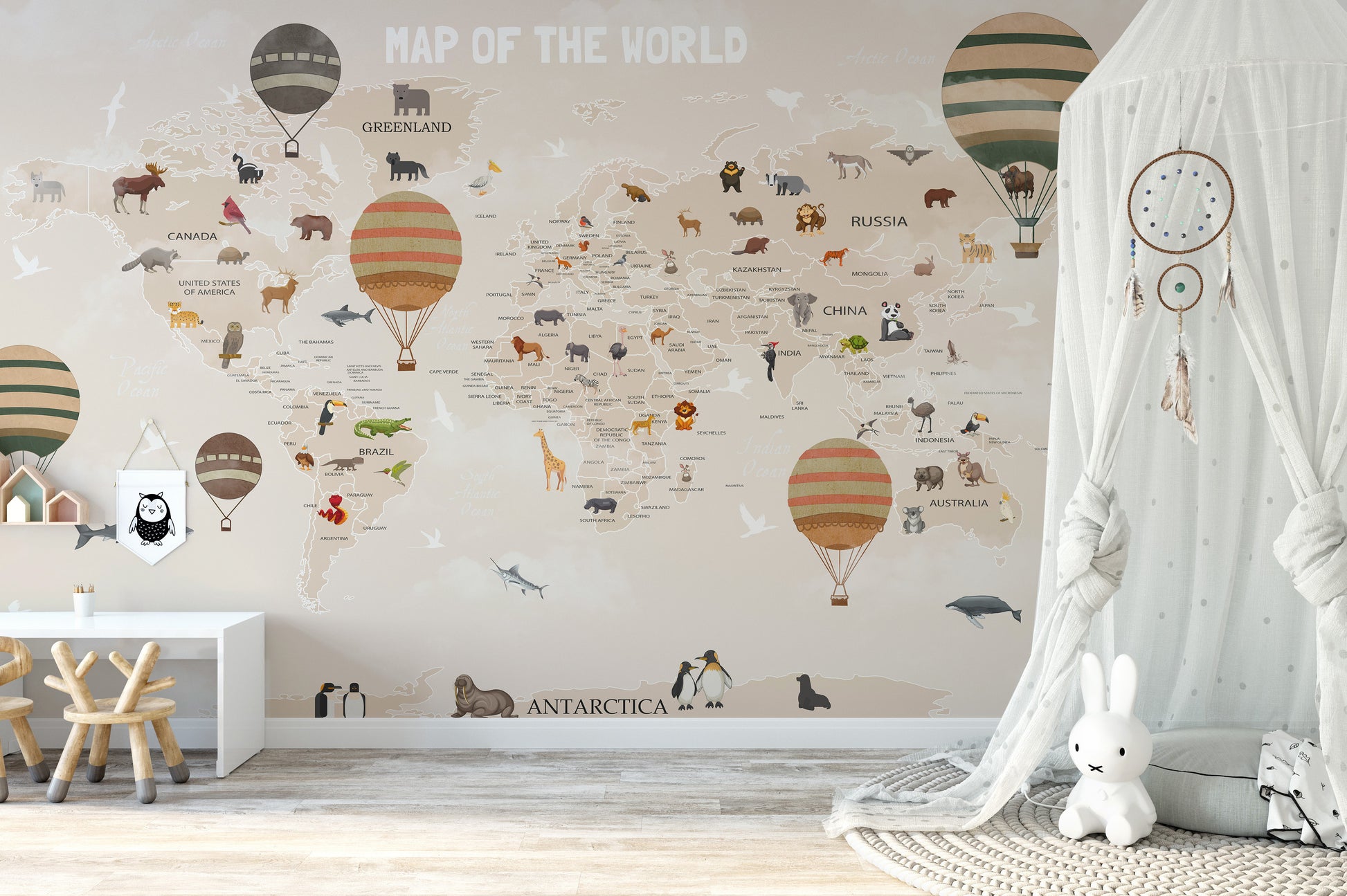 World map mural with adventurous animals for kids' playful rooms.
