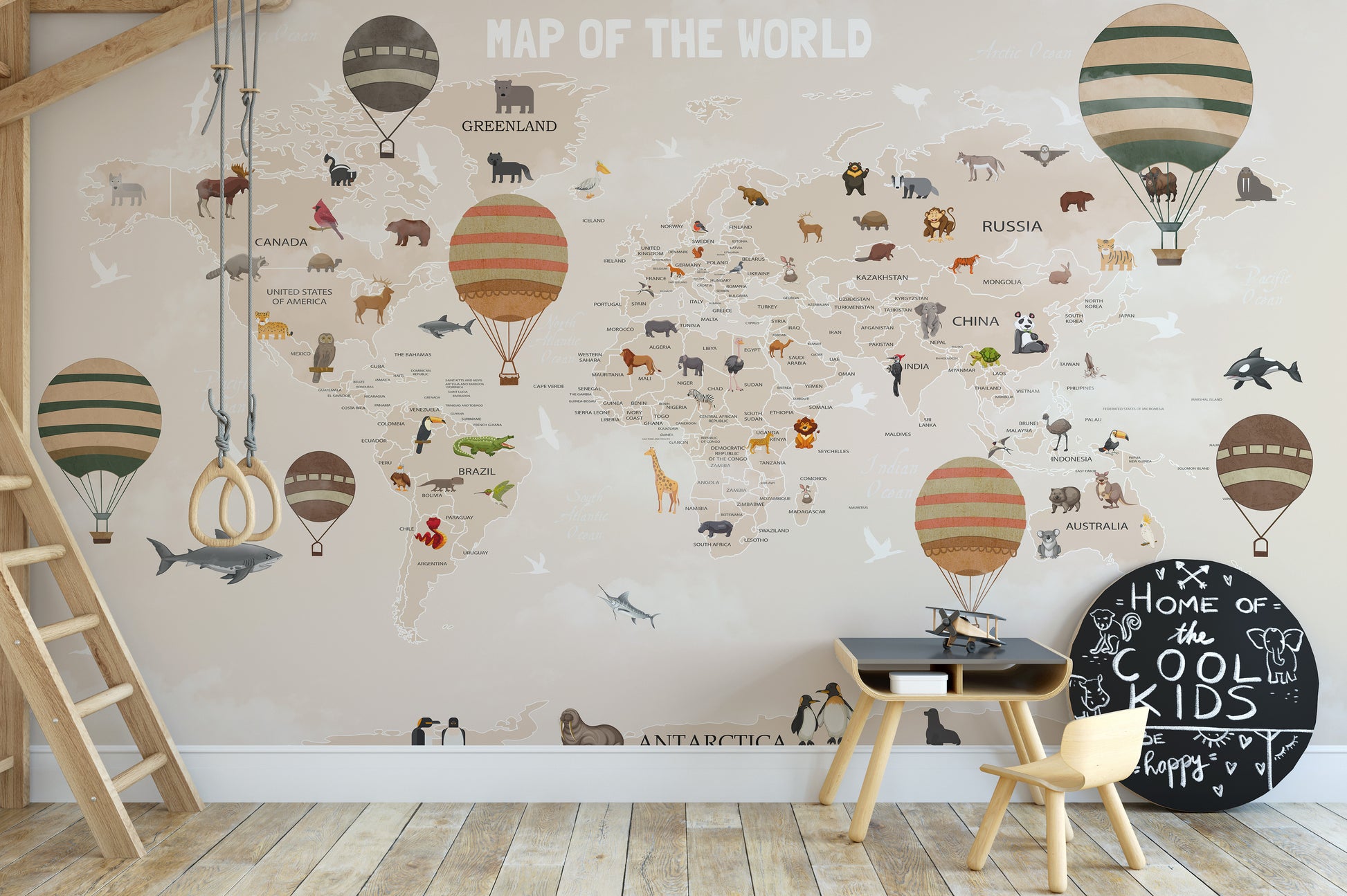 Adventurous animals map mural for fun and learning decor.
