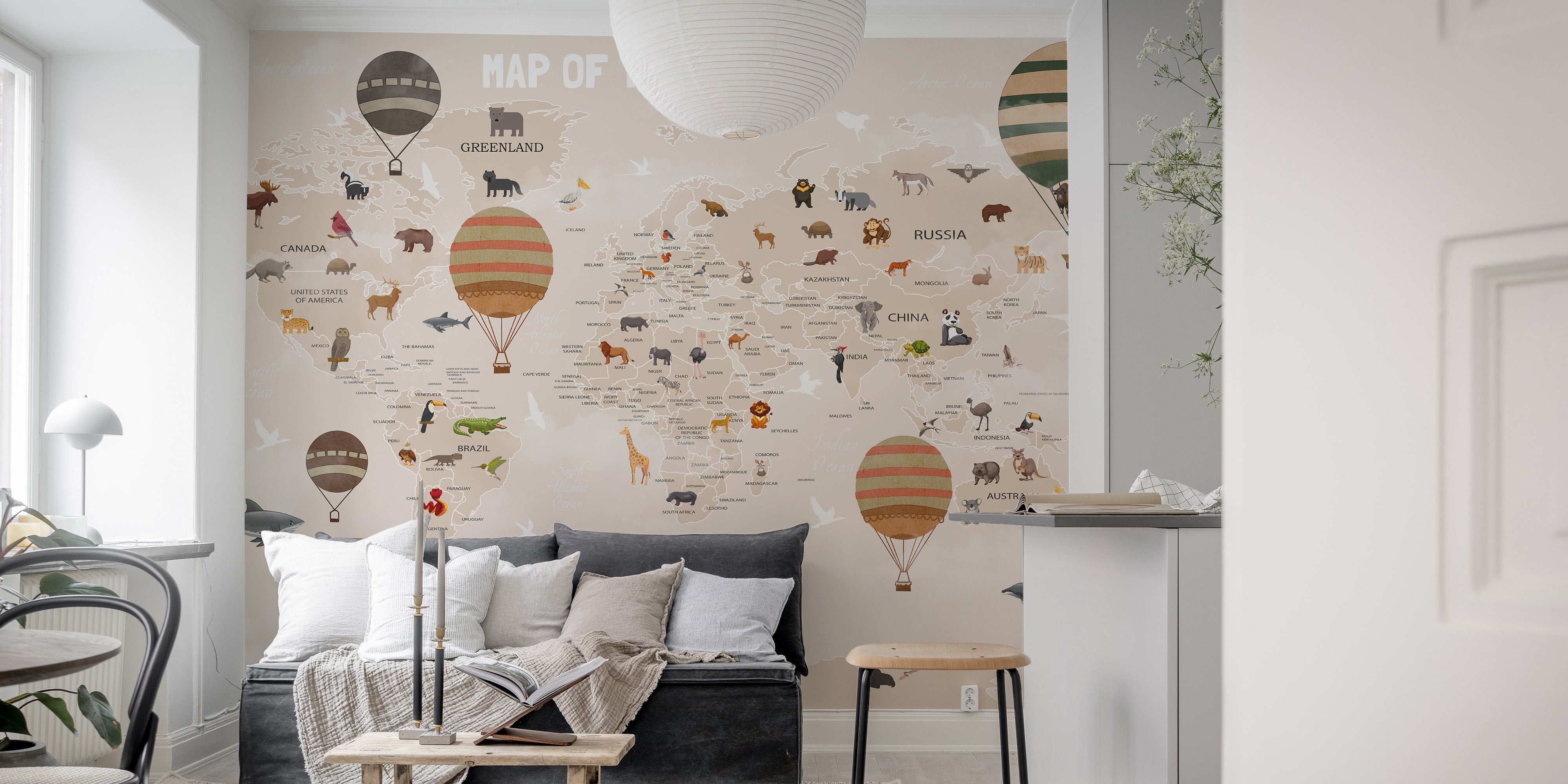 Kids' mural featuring a map with adventurous animals and nature.
