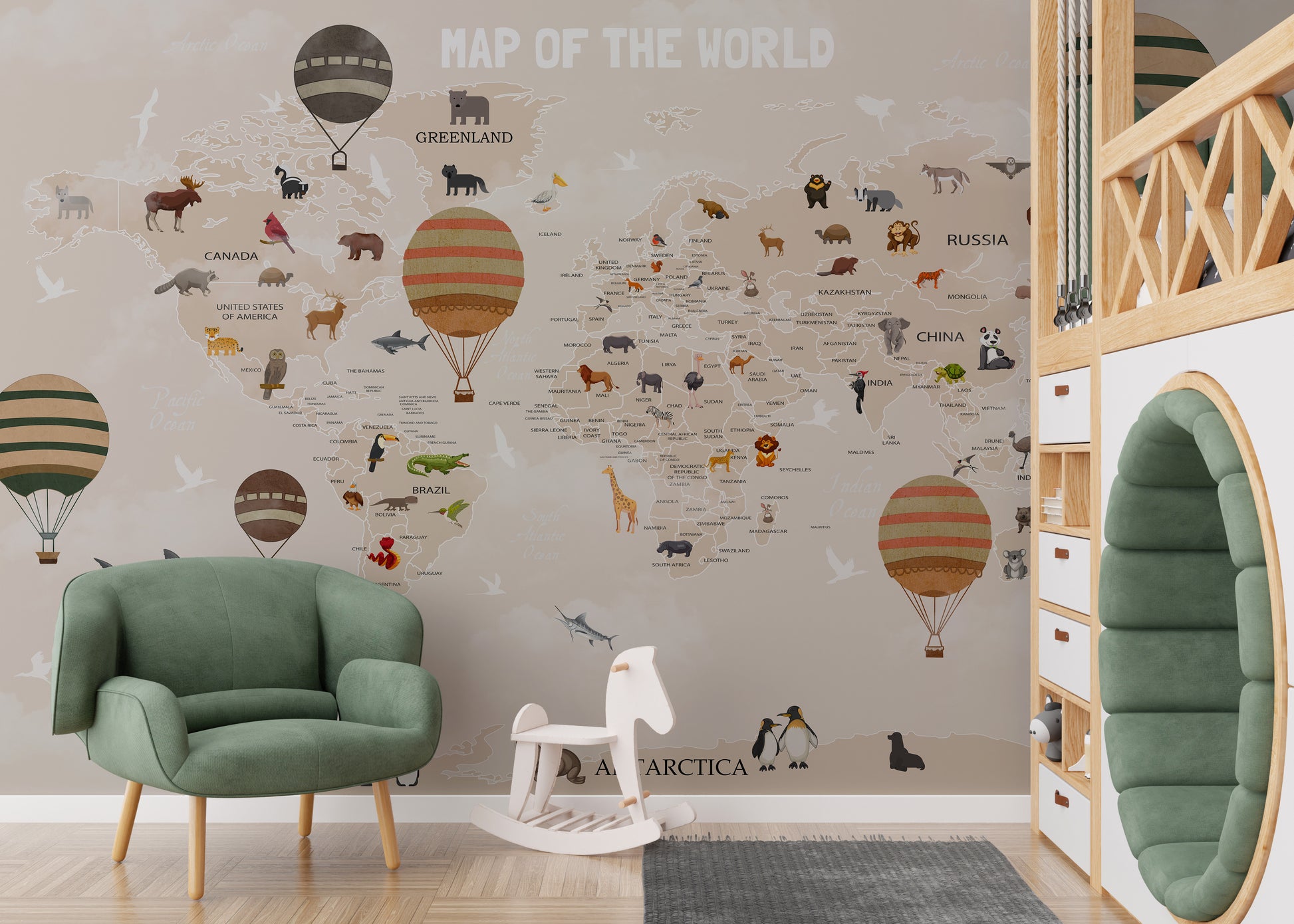 Adventurous animals world map mural for creative interiors.
