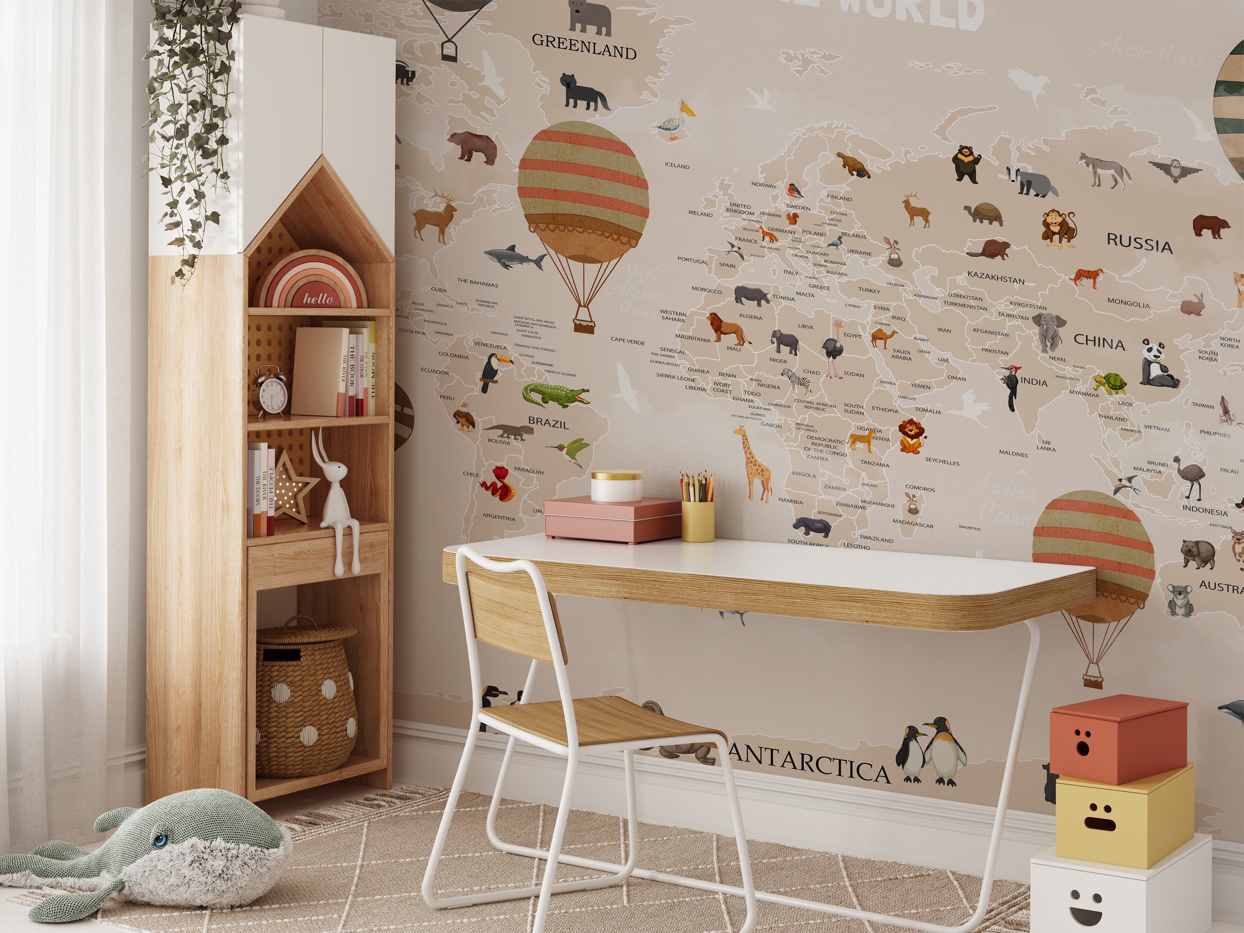 Playful animals map mural for imaginative kids' wall spaces.
