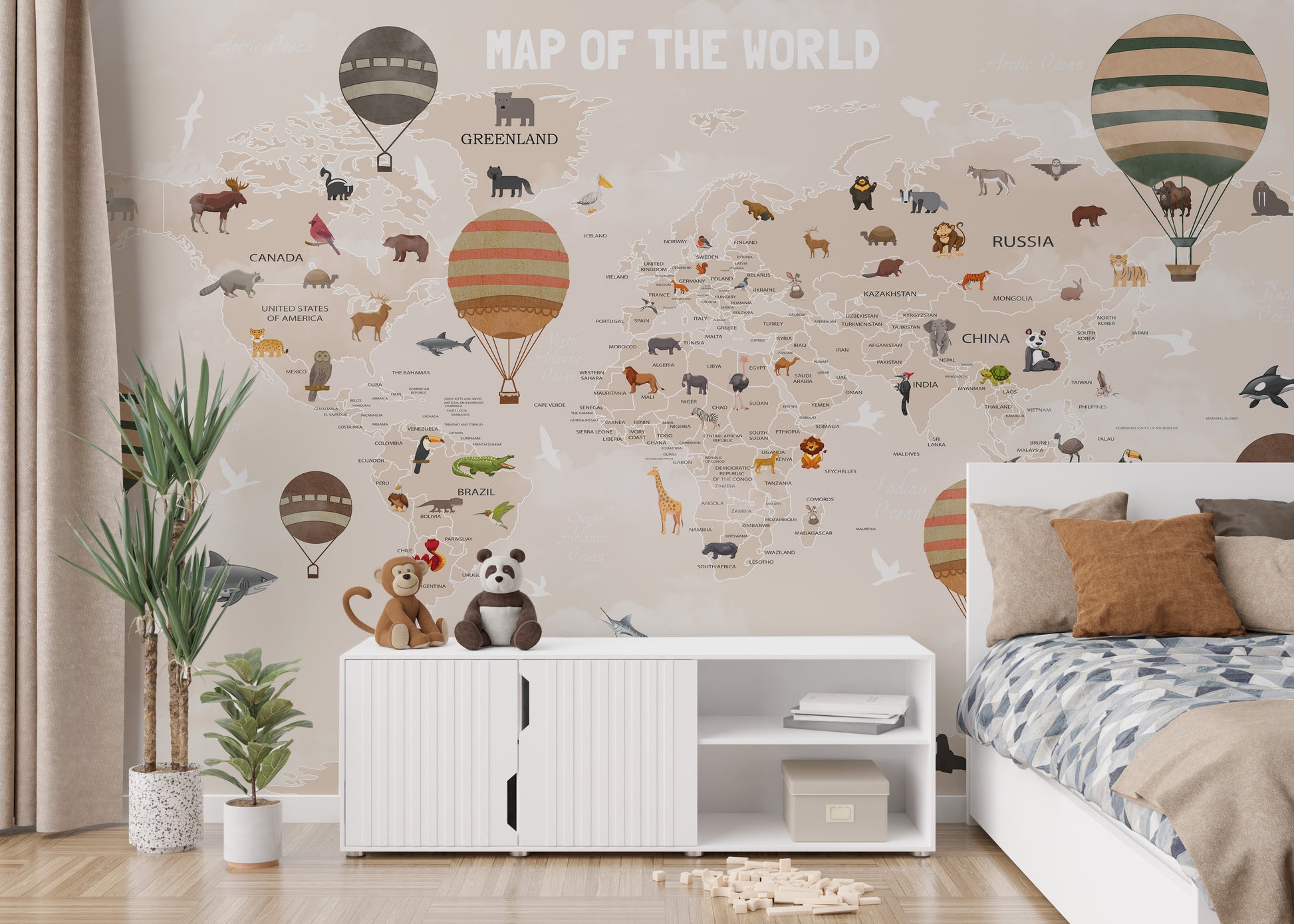 Map mural featuring adventurous animals for kids' room walls.
