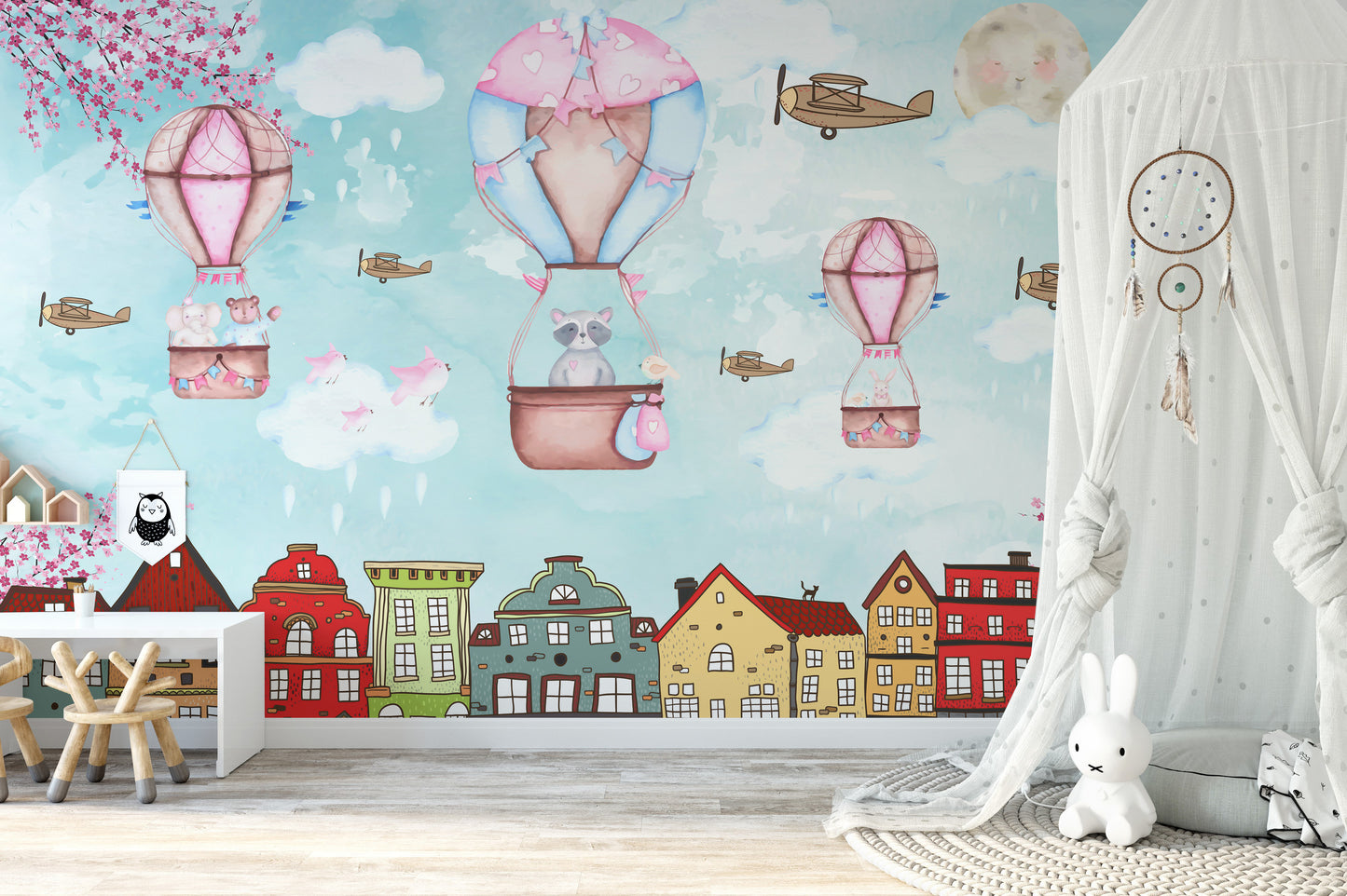 Cartoon city aerial adventure mural for vibrant and fun interiors.
