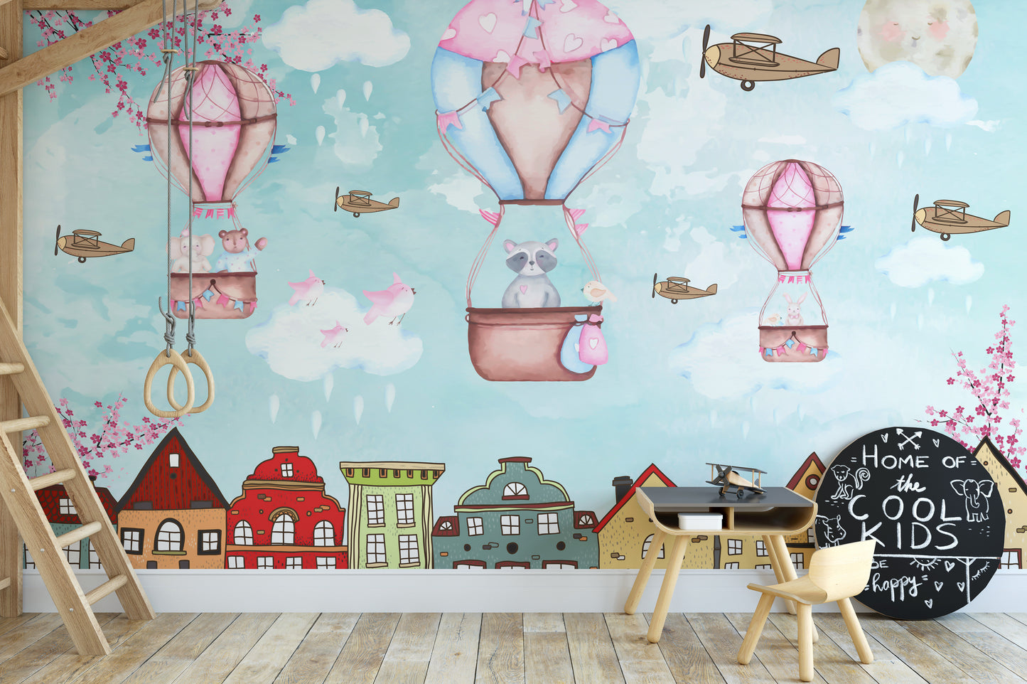 Kids' wall mural featuring a cartoon city aerial escapade design.
