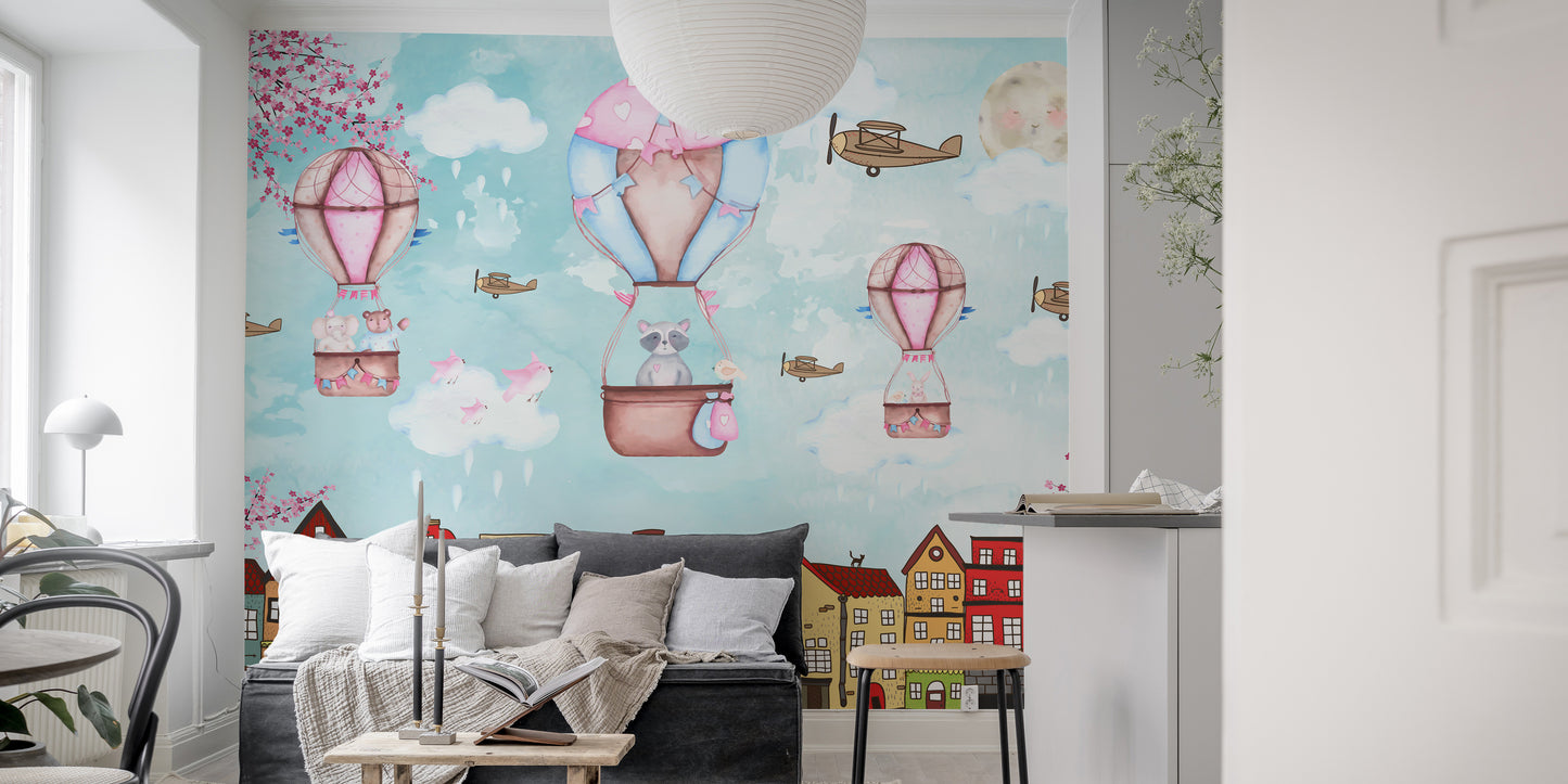 Playful cartoon city mural for dynamic and creative kids' rooms.
