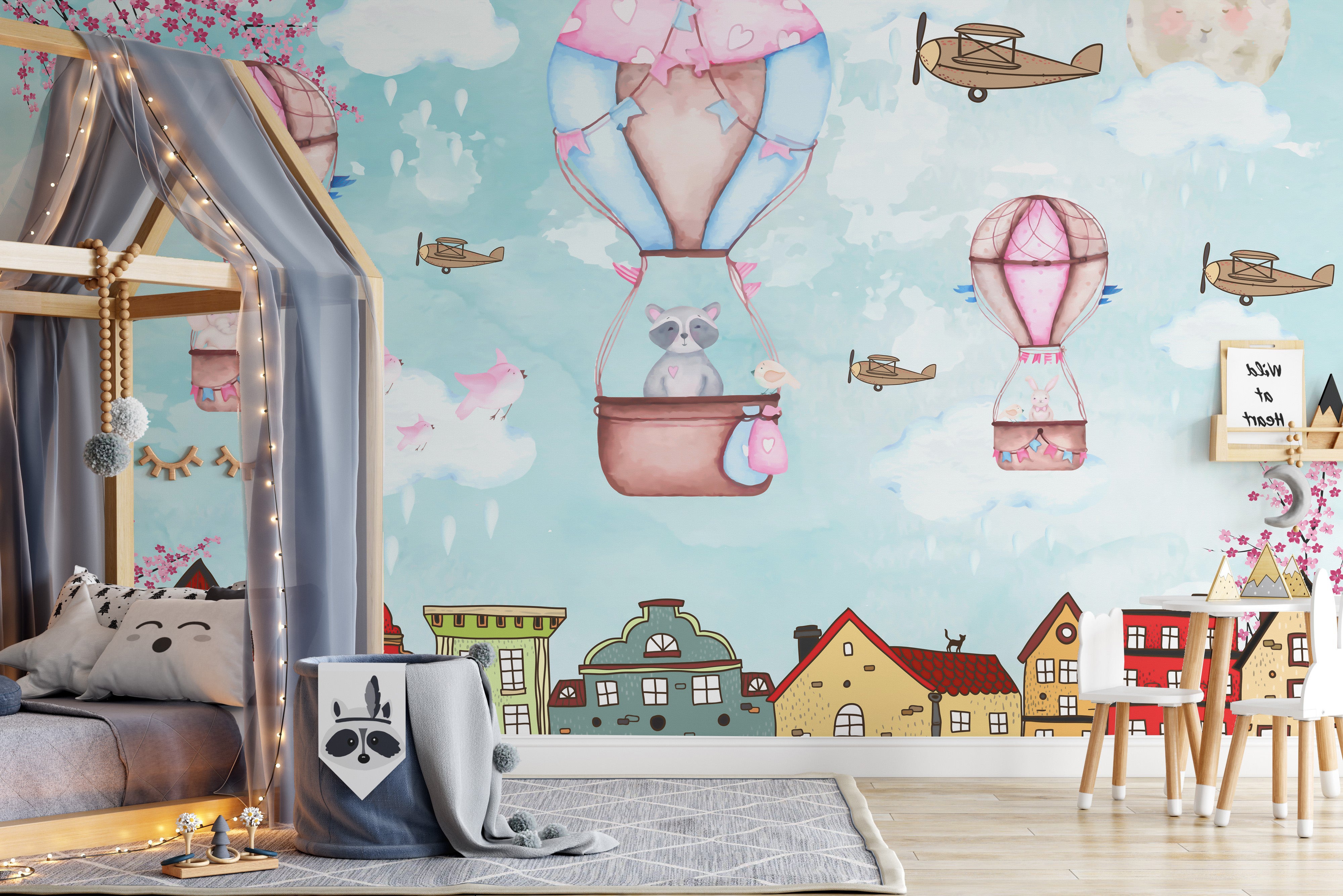 Aerial escapade wallpaper mural with a lively cartoon cityscape.
