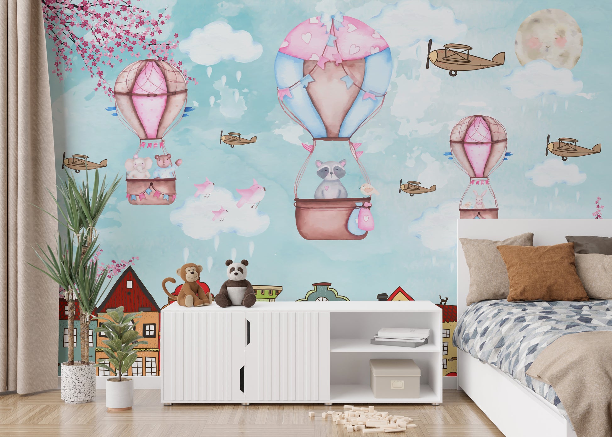 Kids' mural with a cartoon city and exciting aerial adventure.
