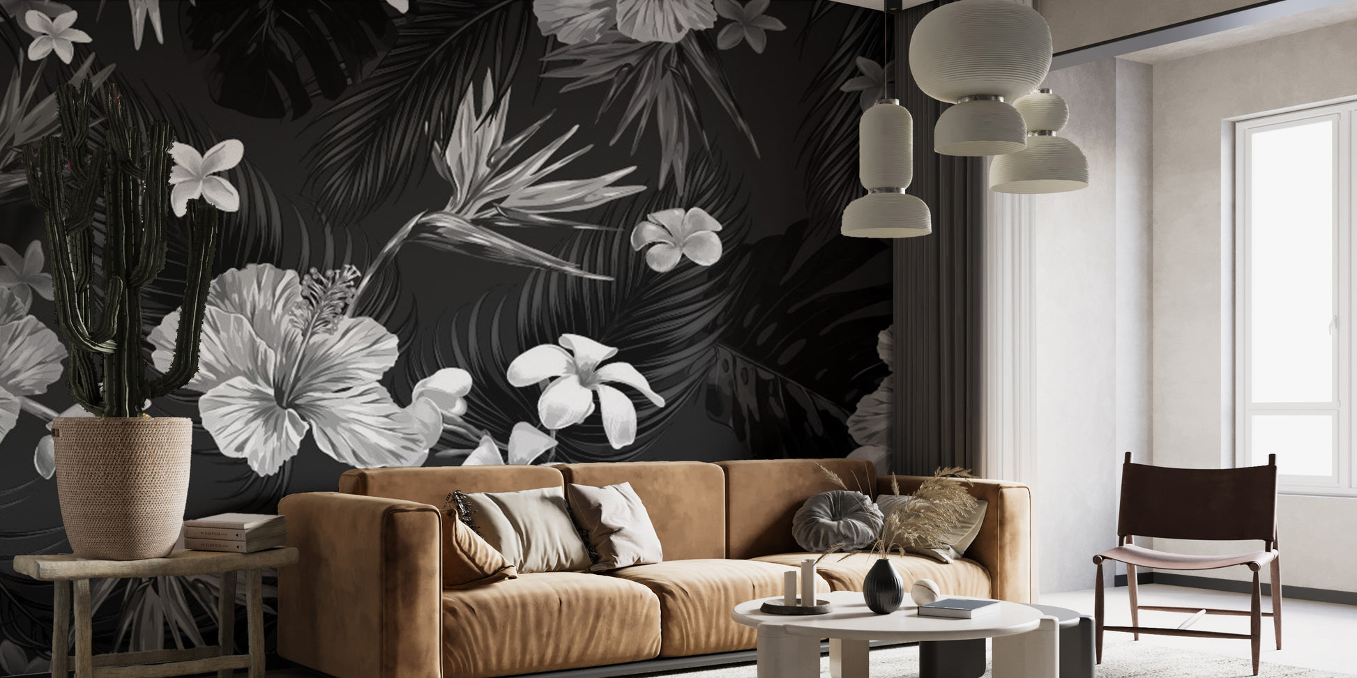 Tropical floral mural in monochrome for modern wall interiors.
