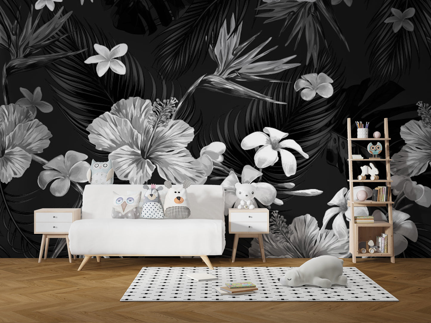 Black and white tropical flowers mural for elegant wall decor.
