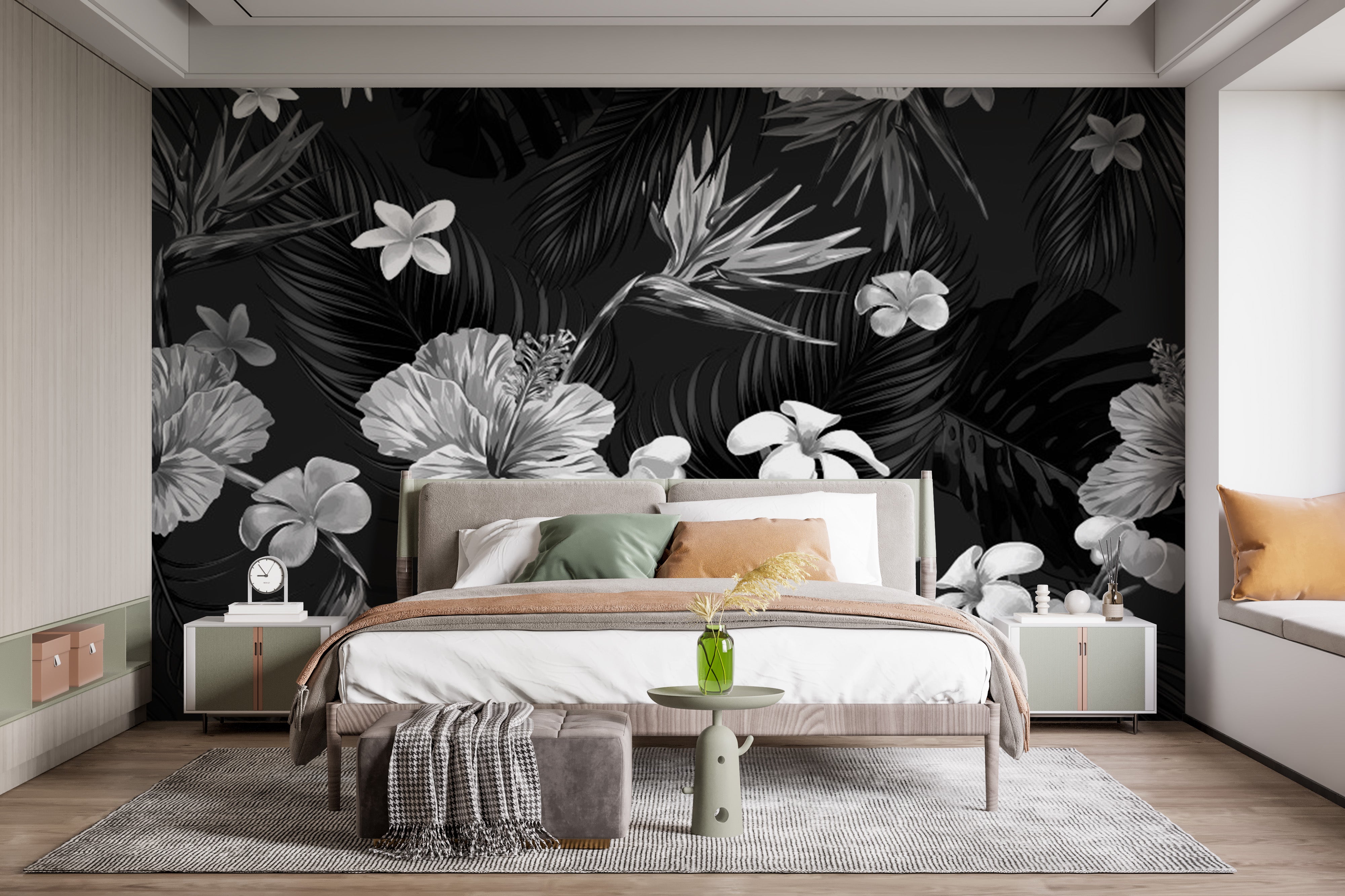 Black and white mural showcasing tropical flower elegance.
