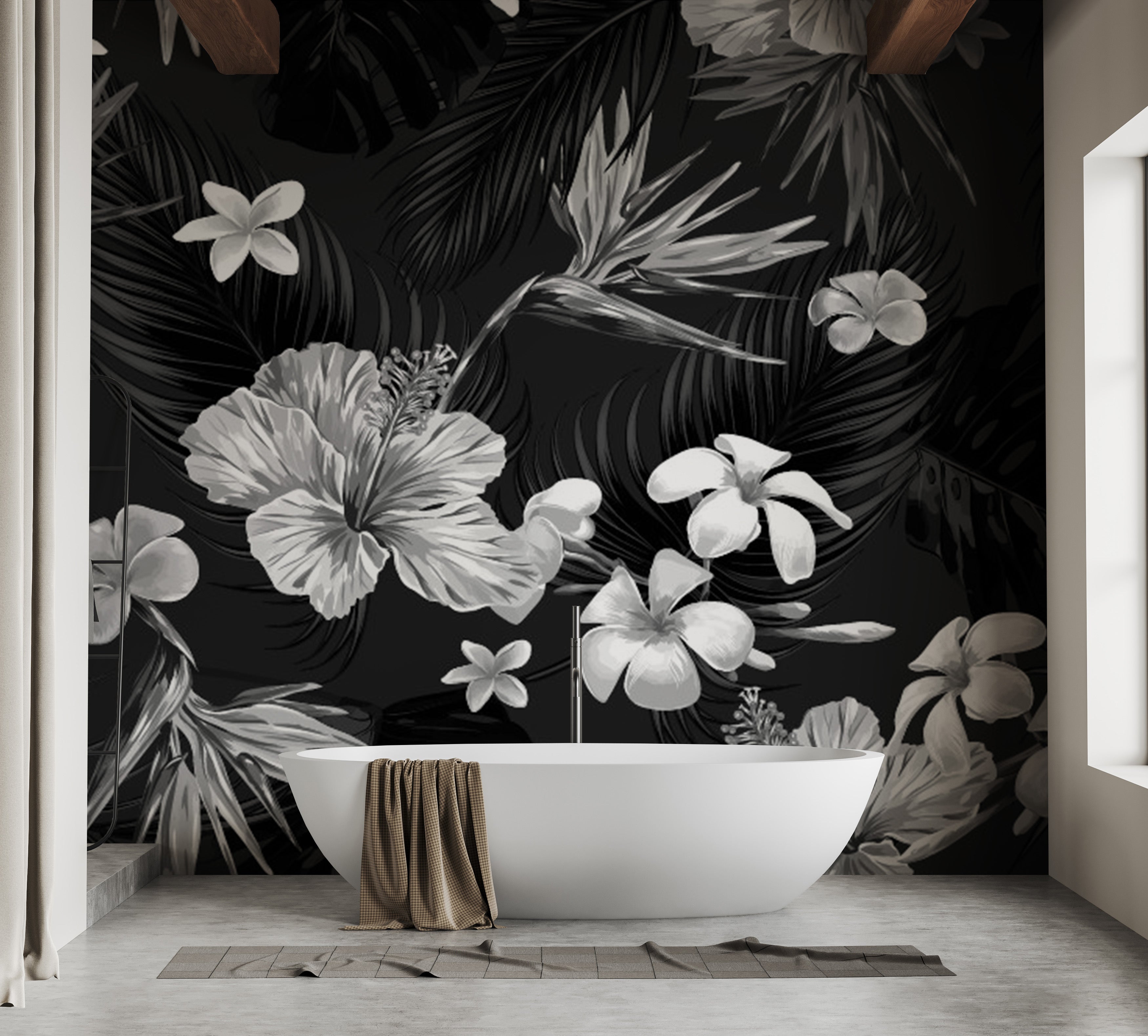 Monochrome tropical flowers mural for stylish and serene walls.
