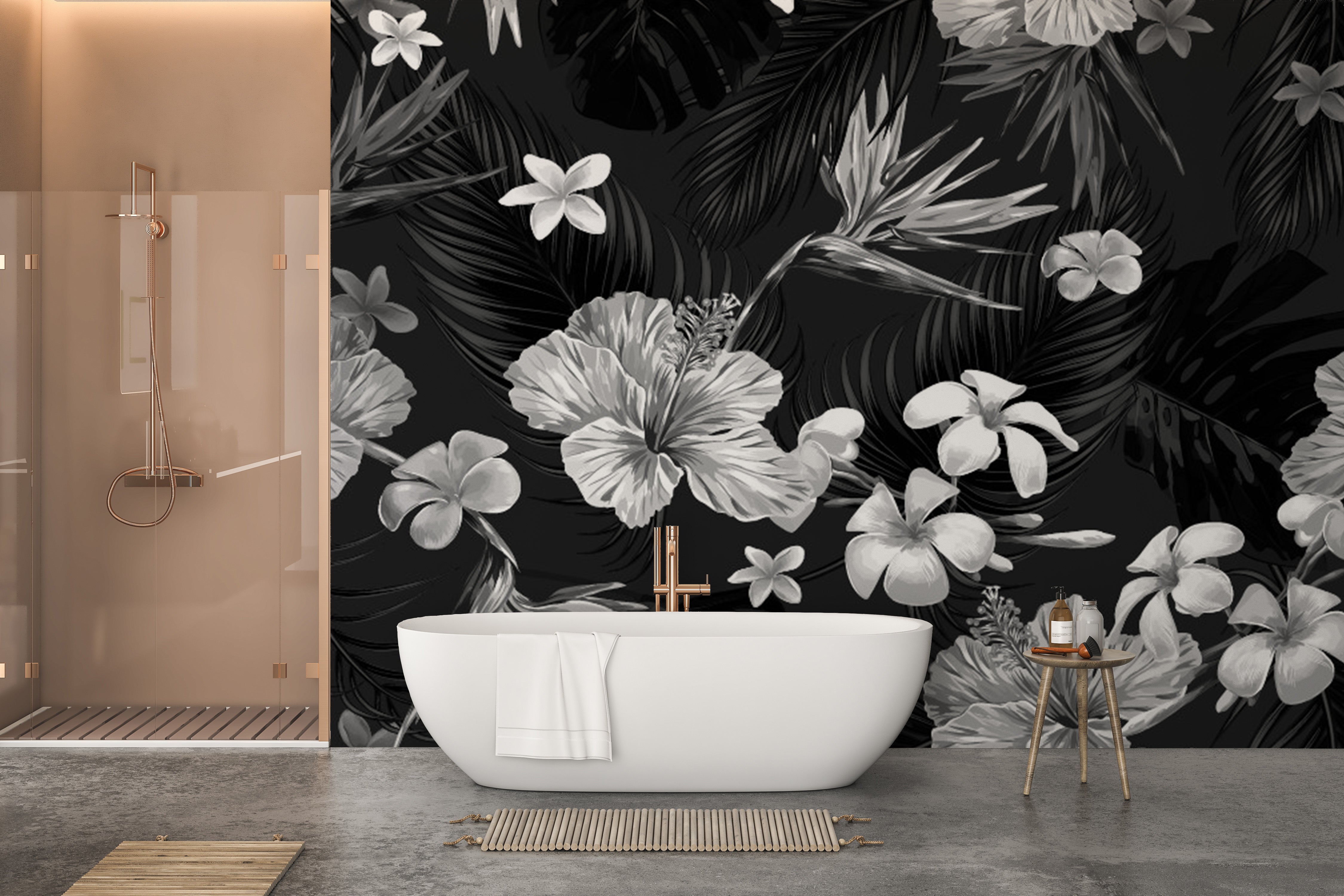 Elegant black and white mural with tropical flower patterns.
