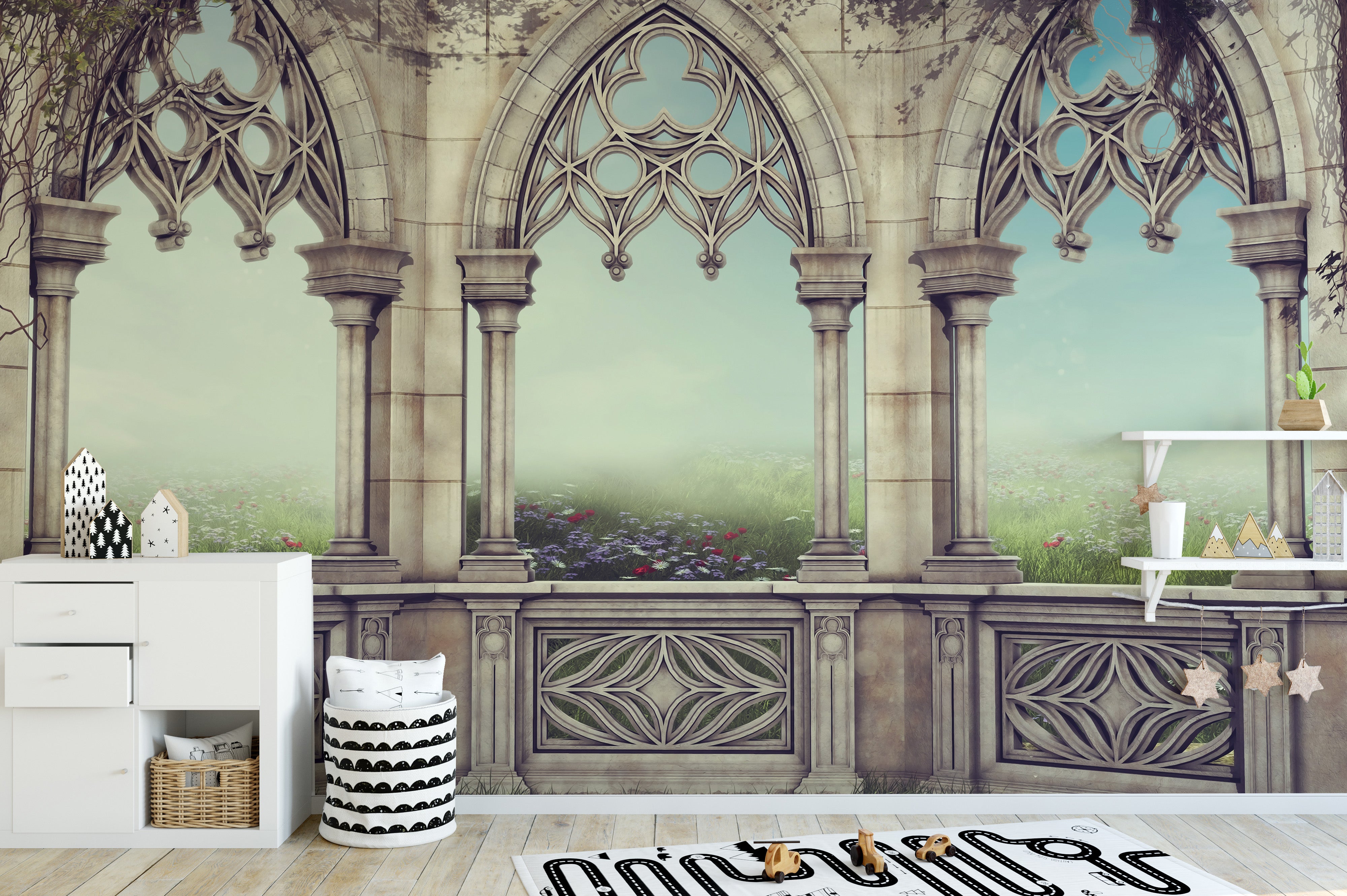 Serene palace courtyard mural for sophisticated wall decor.
