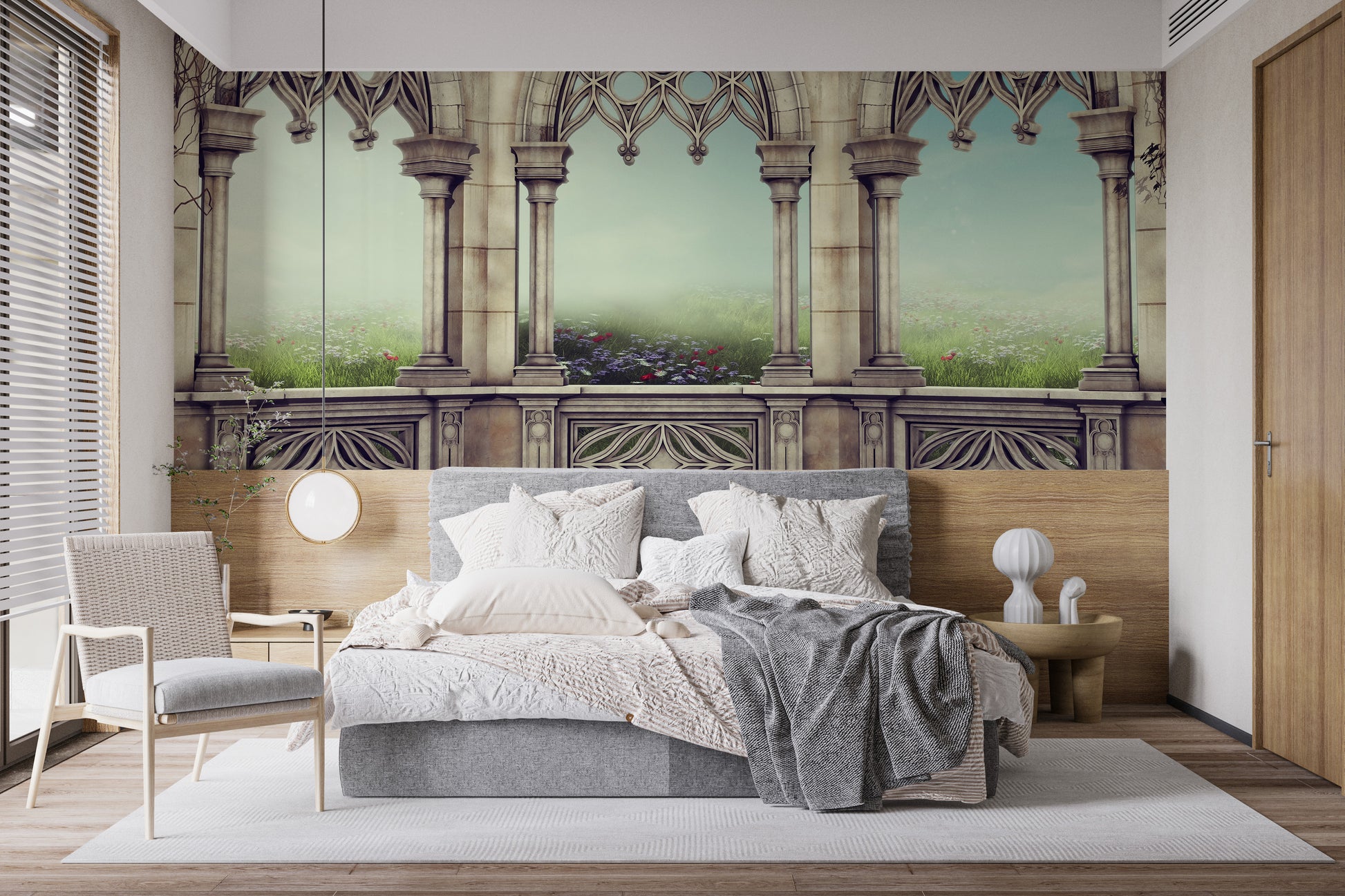 Tranquil palace courtyard mural for luxurious and calming walls.
