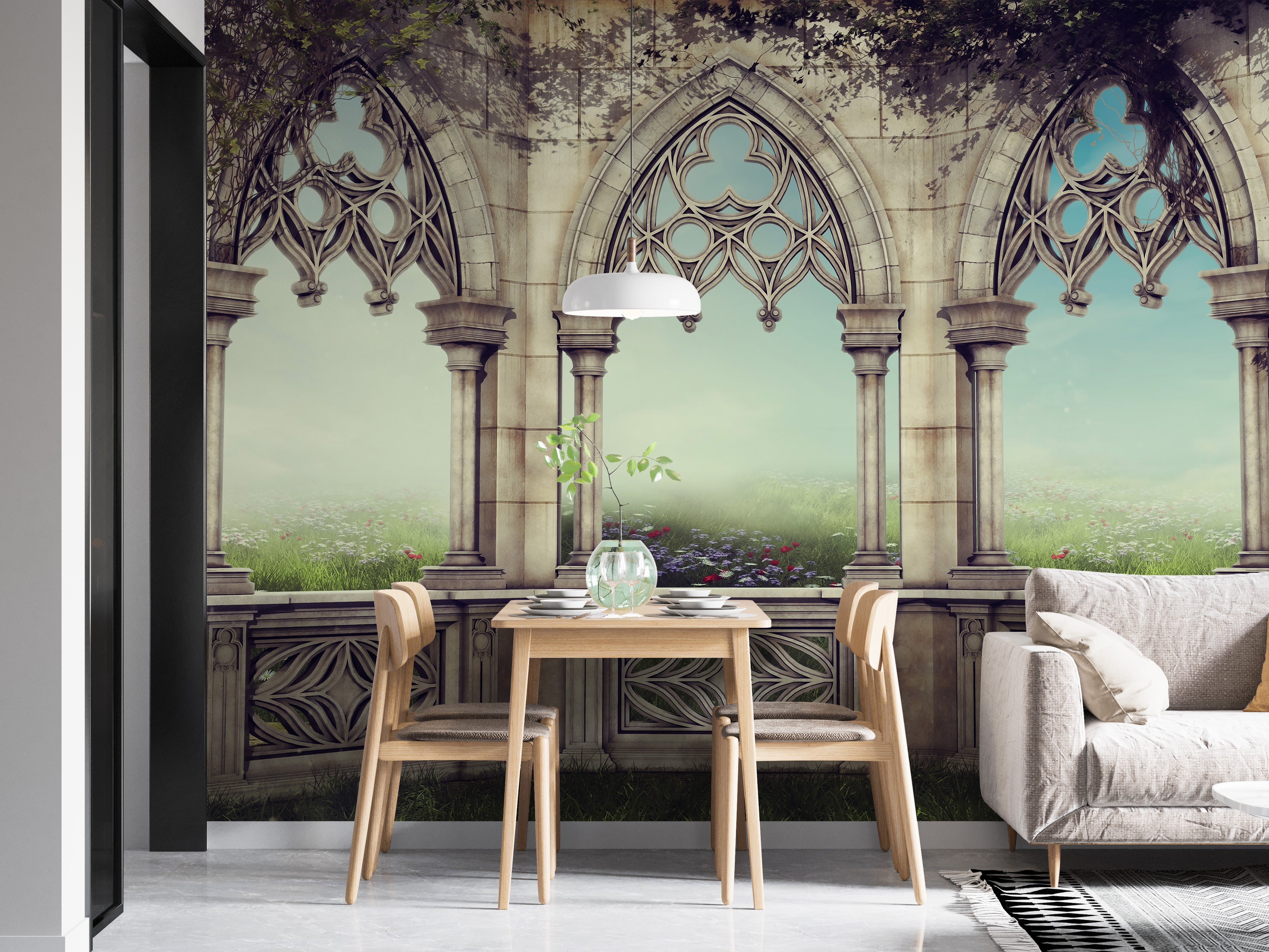 Courtyard serenity wallpaper mural with intricate palace details.
