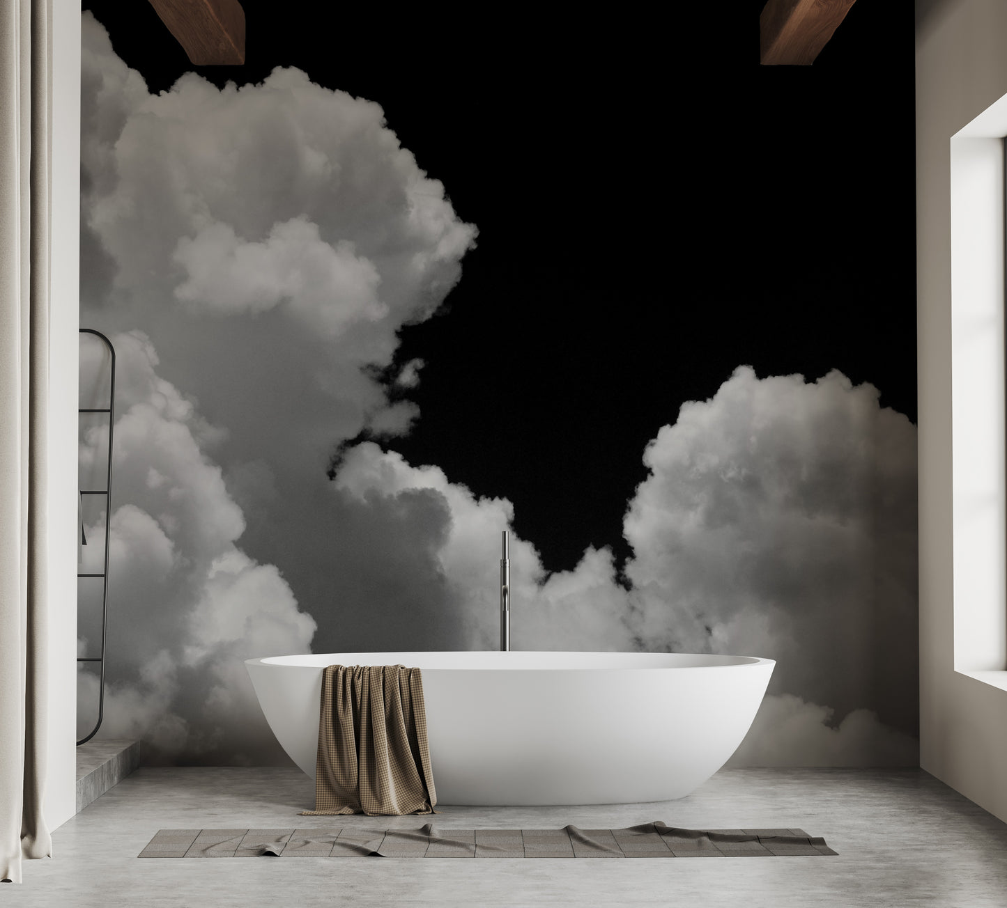 Galactic-themed wallpaper mural with ethereal cloudscapes.
