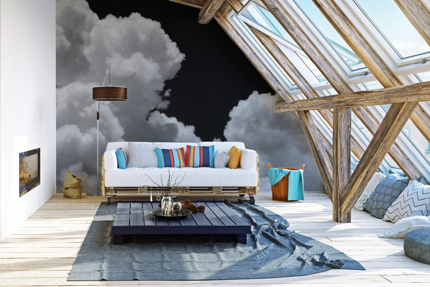 Dreamy galactic clouds mural for peaceful and creative spaces.
