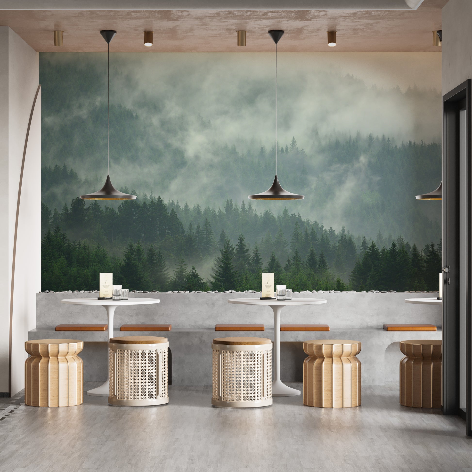 Misty tropical forest mural for peaceful and elegant wall spaces.
