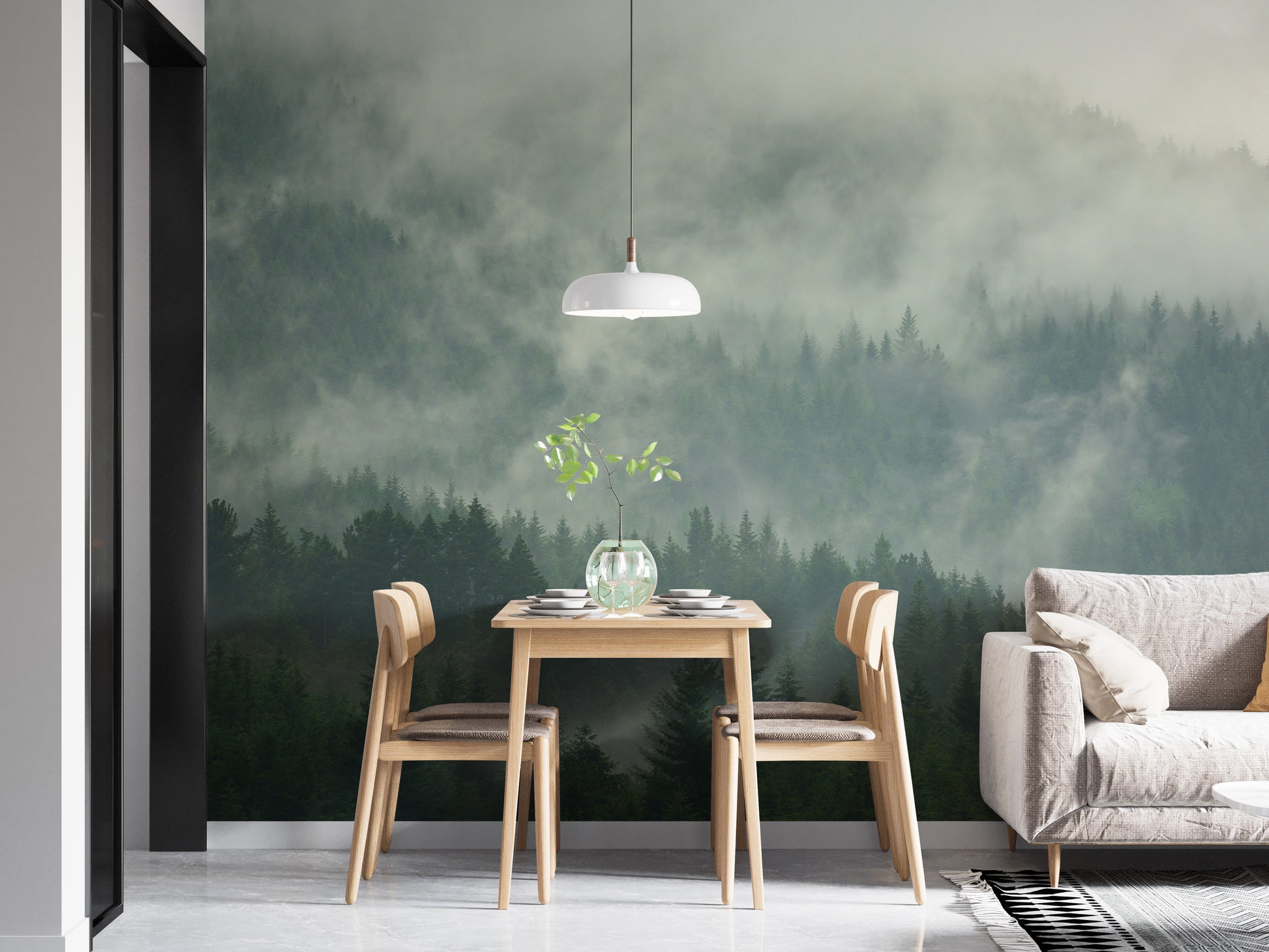 Artistic mural showcasing a foggy tropical forest view.
