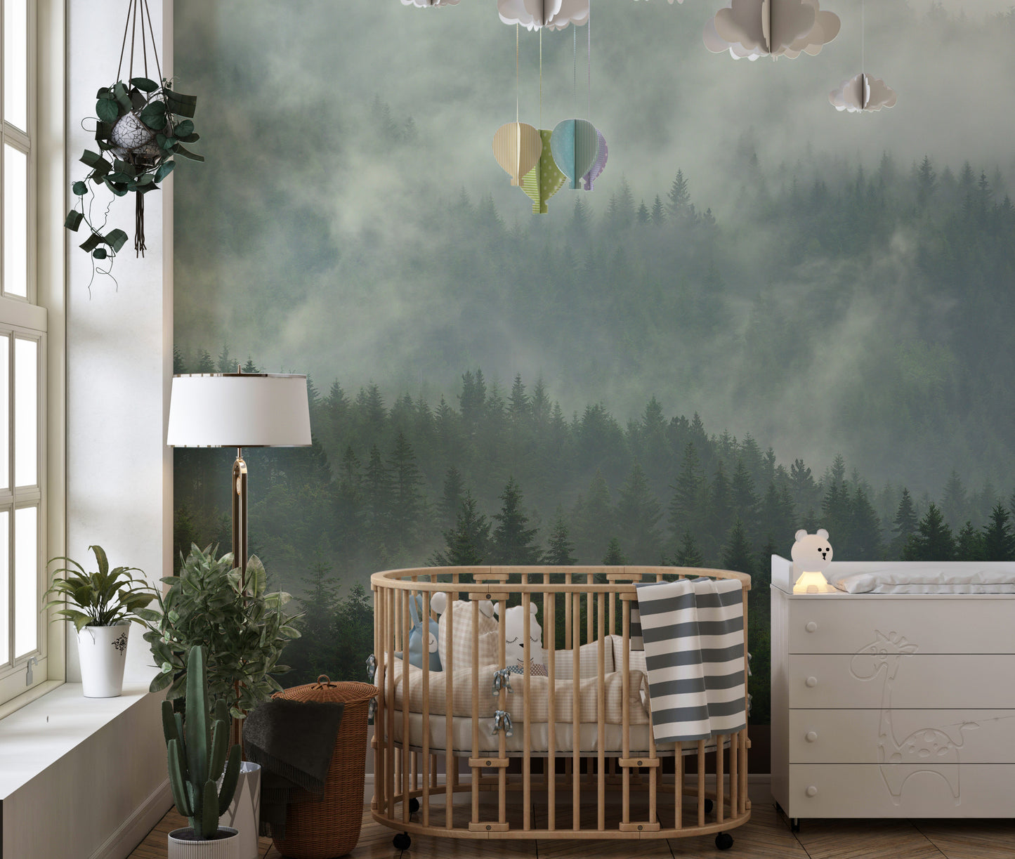 Tropical forest mural with foggy ambiance for calming wall decor.
