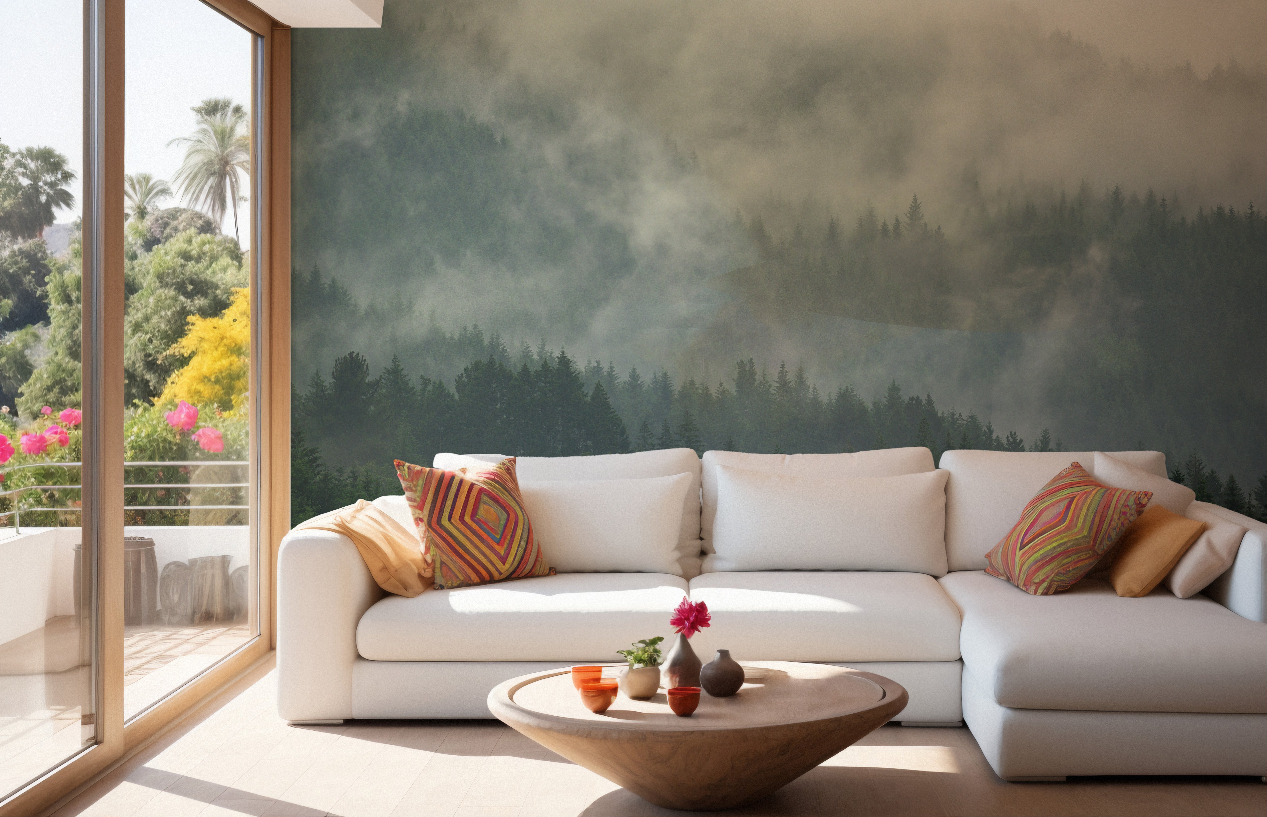 Tropical forest view mural with misty fog for tranquil interiors.
