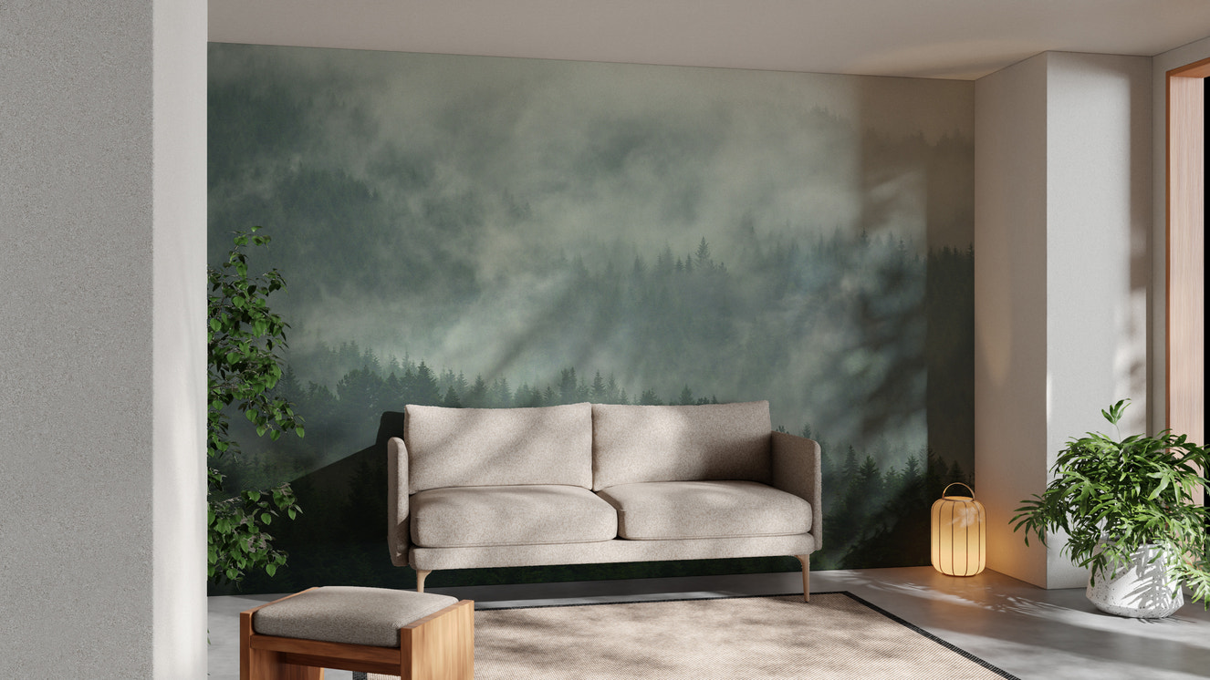 Foggy tropical forest mural for serene and nature-inspired decor.
