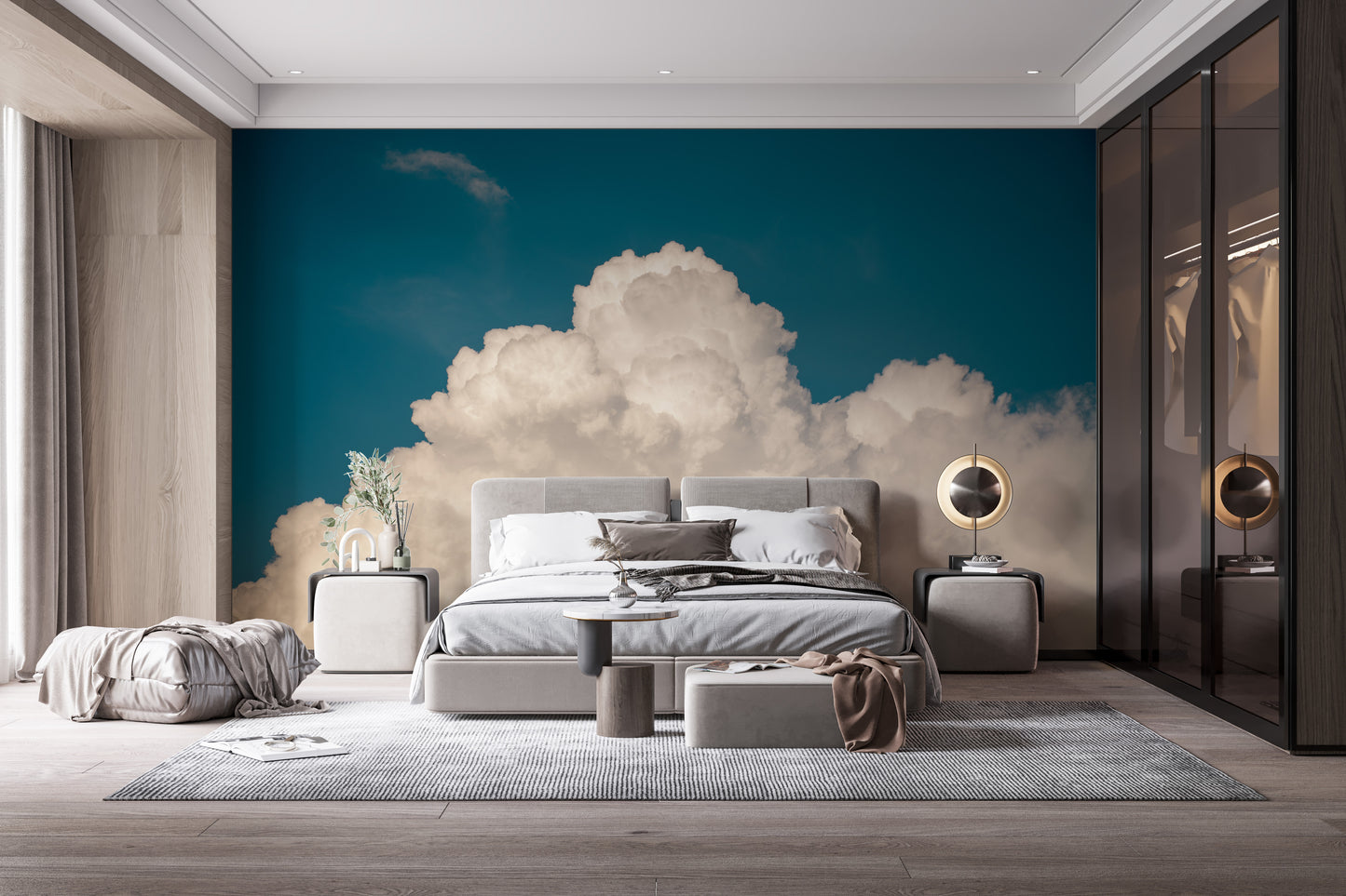 Dreamy mural featuring bizarre clouds in a morning sky setting.
