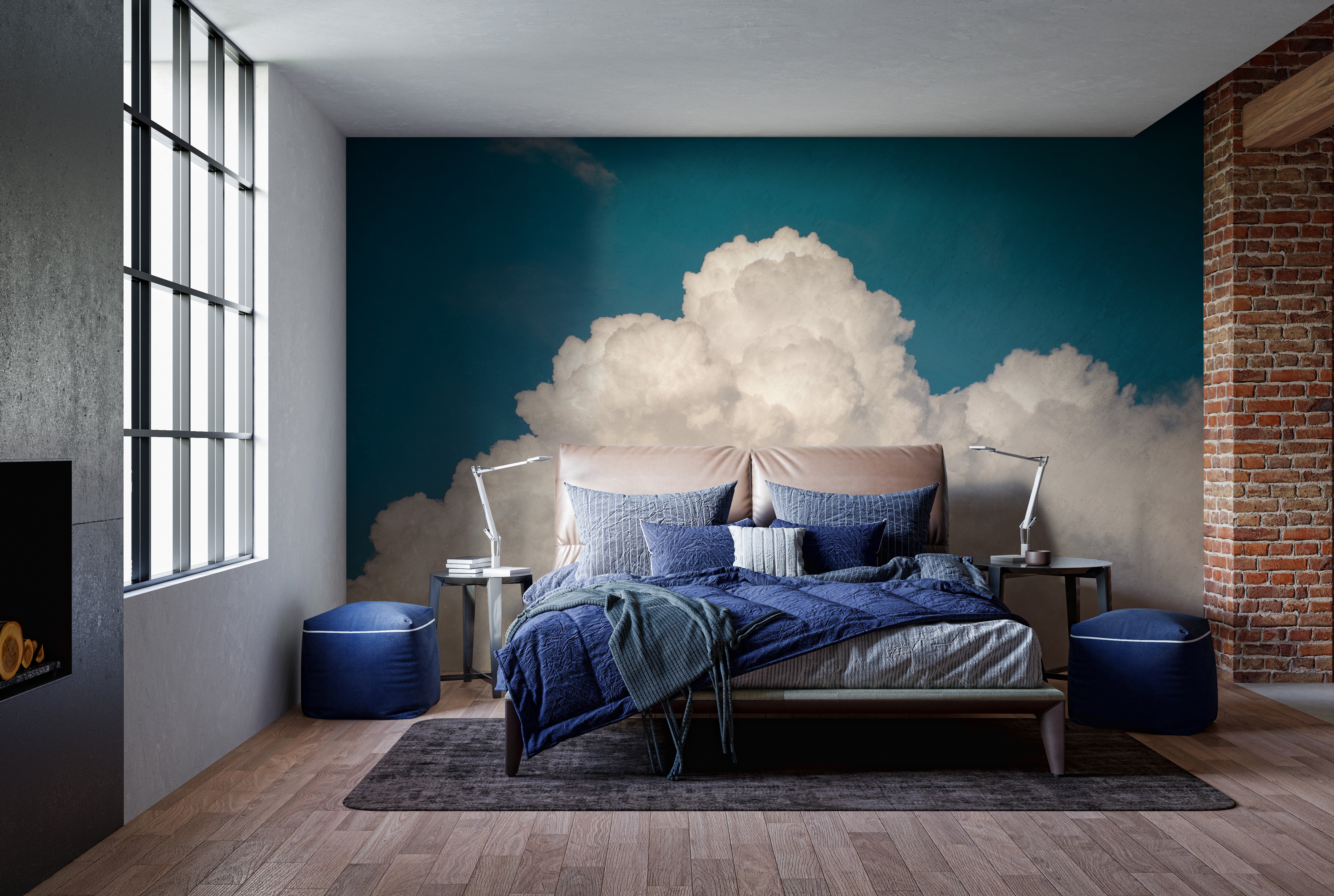 Morning sky mural showcasing whimsical and bizarre cloud shapes.
