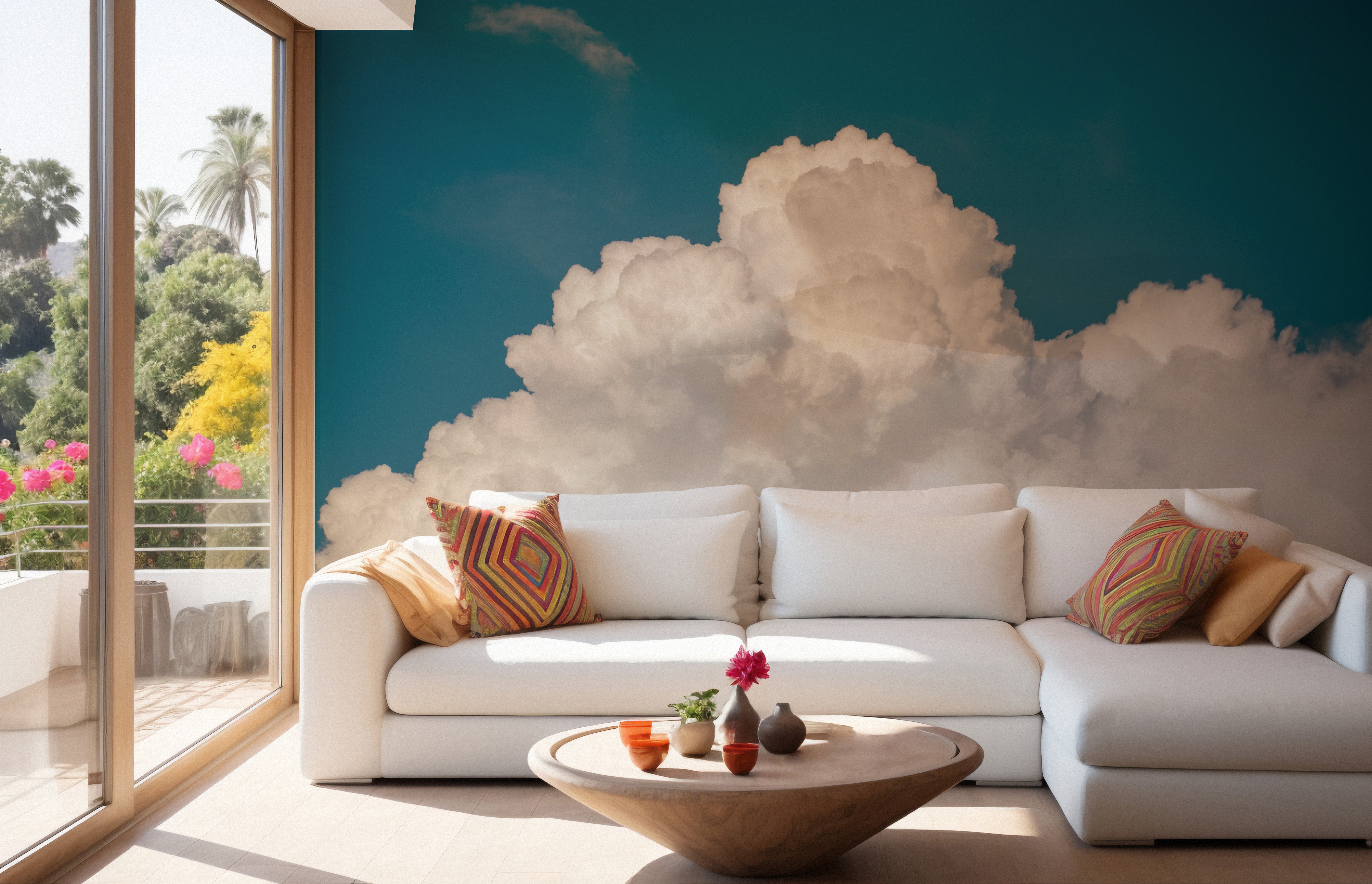 Bizarre cloud mural set in a serene morning sky for interiors.
