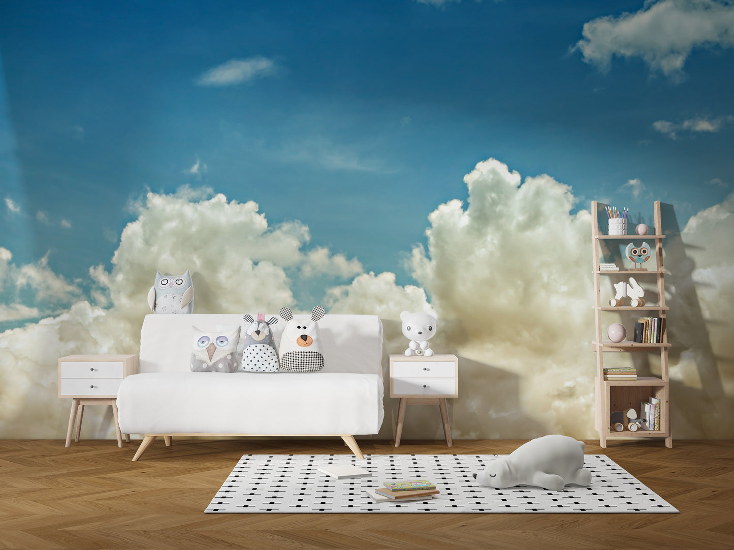 Heavenly mural featuring pearl white clouds for elegant spaces.
