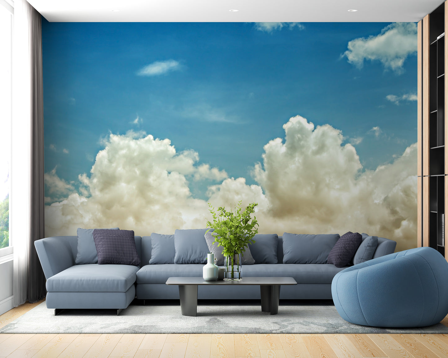 Dreamy pearl white clouds mural for calming wall aesthetics.
