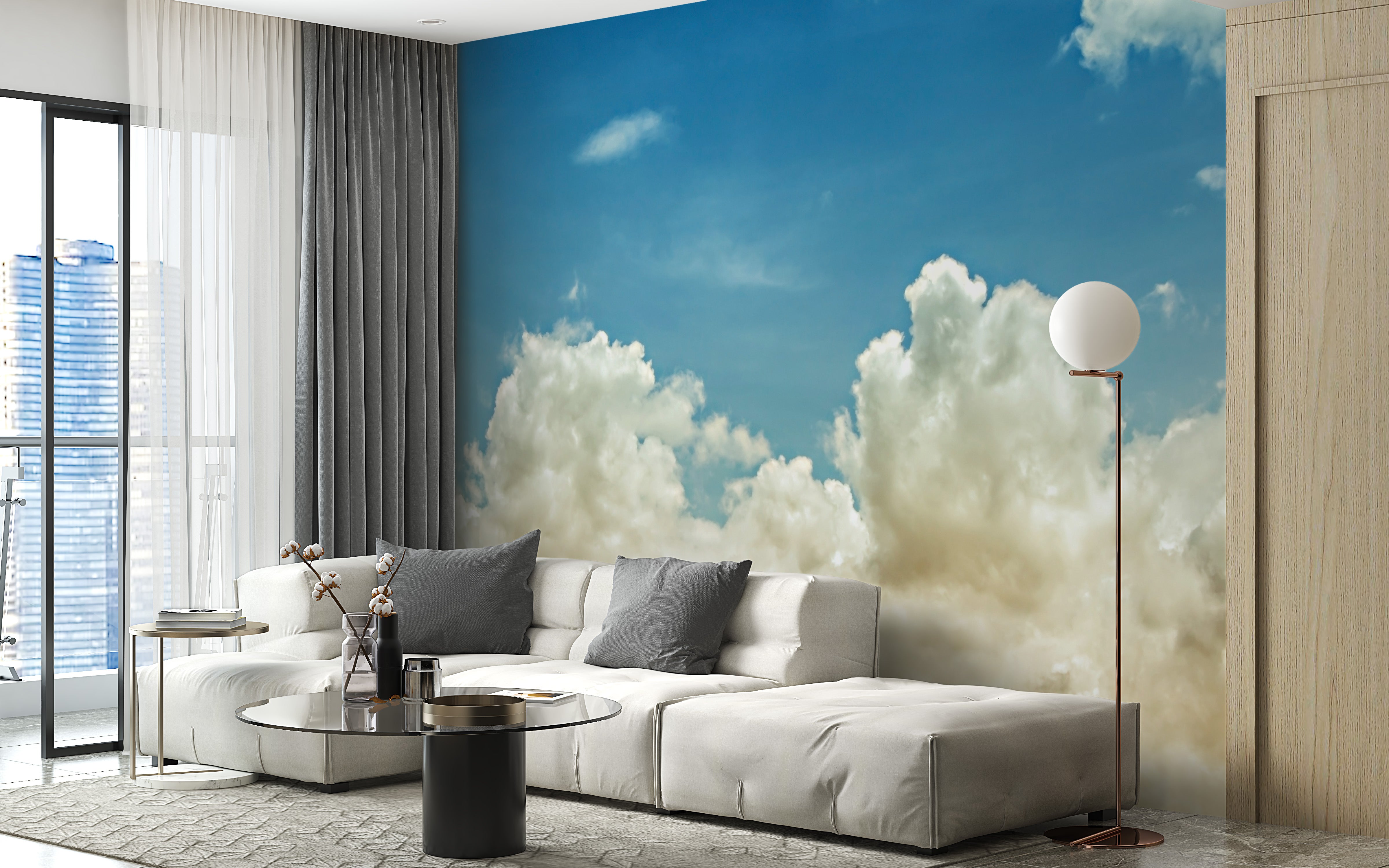 Soft pearl white clouds mural for tranquil and airy interiors.
