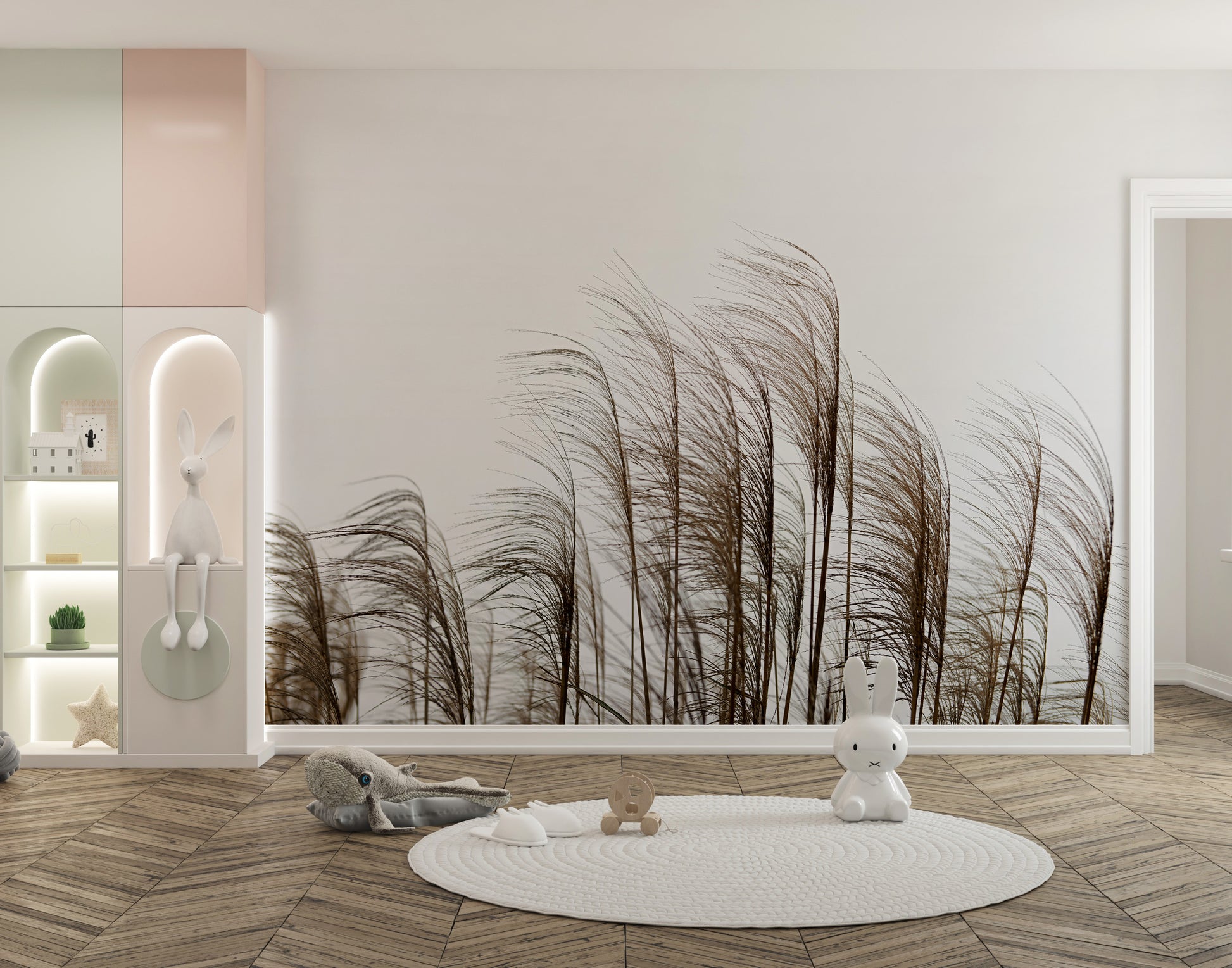 Tranquil riverside mural with lush reeds for nature lovers.
