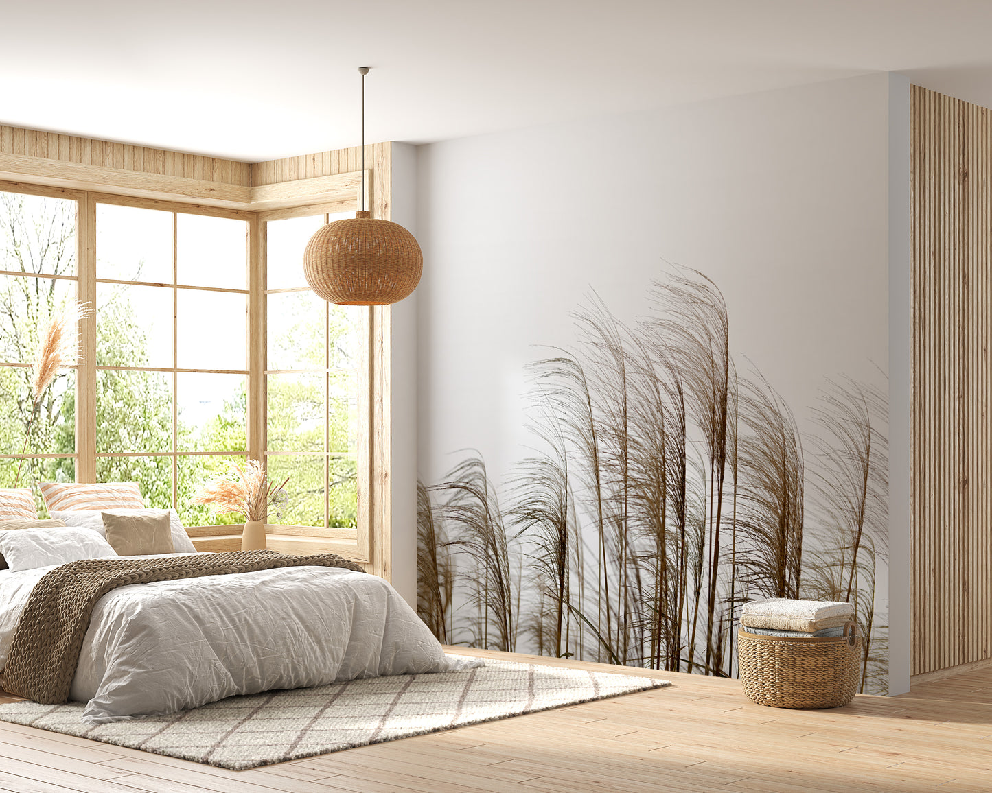 Wall mural featuring a peaceful riverside reed field landscape.
