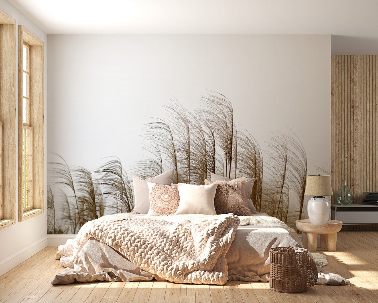 Riverside reed field mural for serene and nature-inspired walls.
