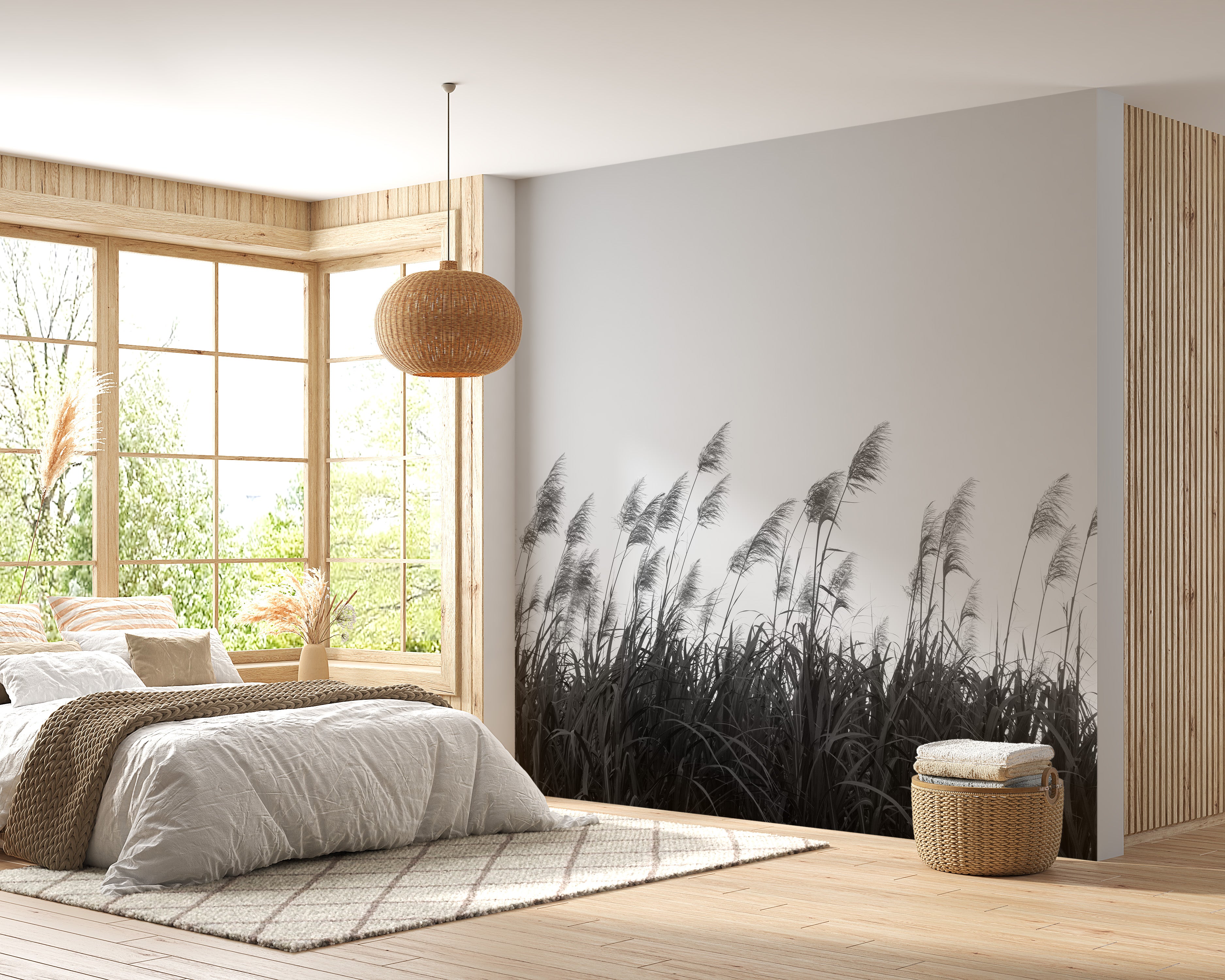 Black and white Pampa herbs mural for elegant wall decor.
