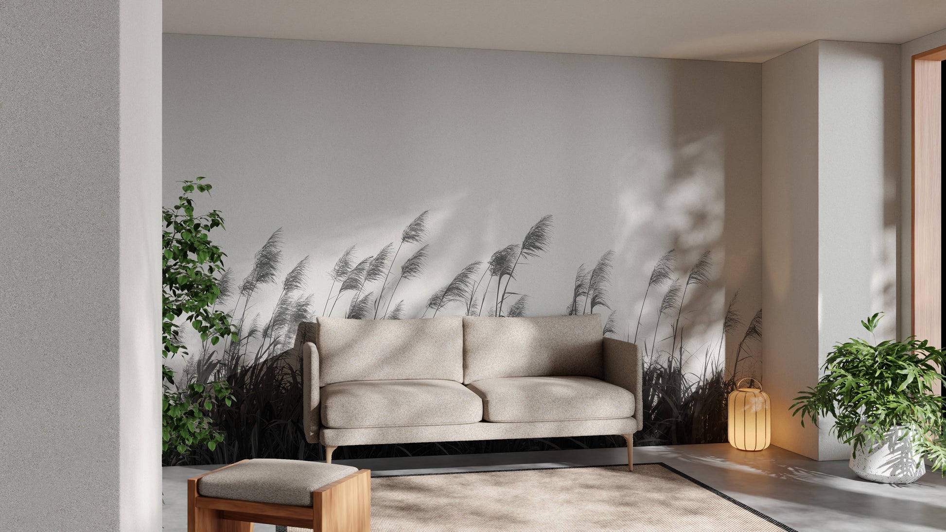 Wall mural featuring Pampa herbs in a sleek black and white design.
