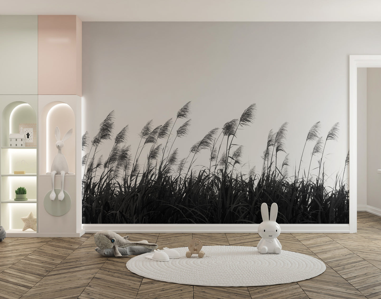 Artistic Pampa herbs mural with monochrome elegance for walls.
