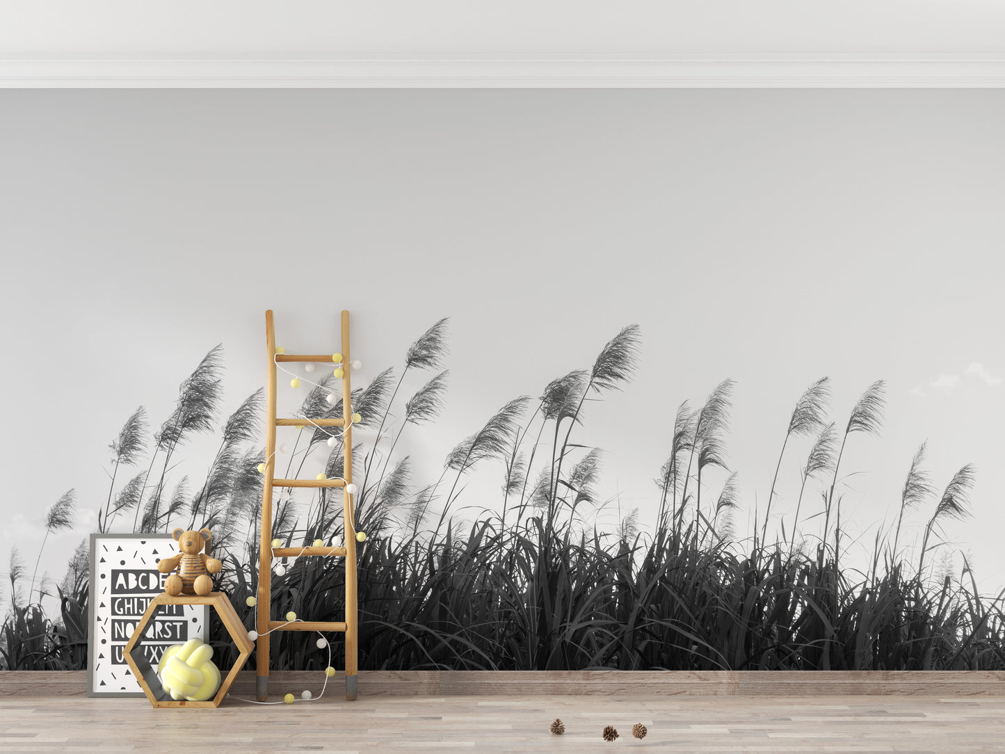 Black and white mural showcasing delicate Pampa herb patterns.
