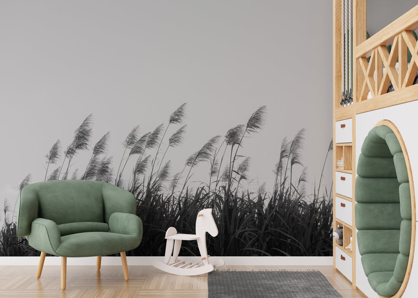 Pampa herbs mural in monochrome for modern interior walls.
