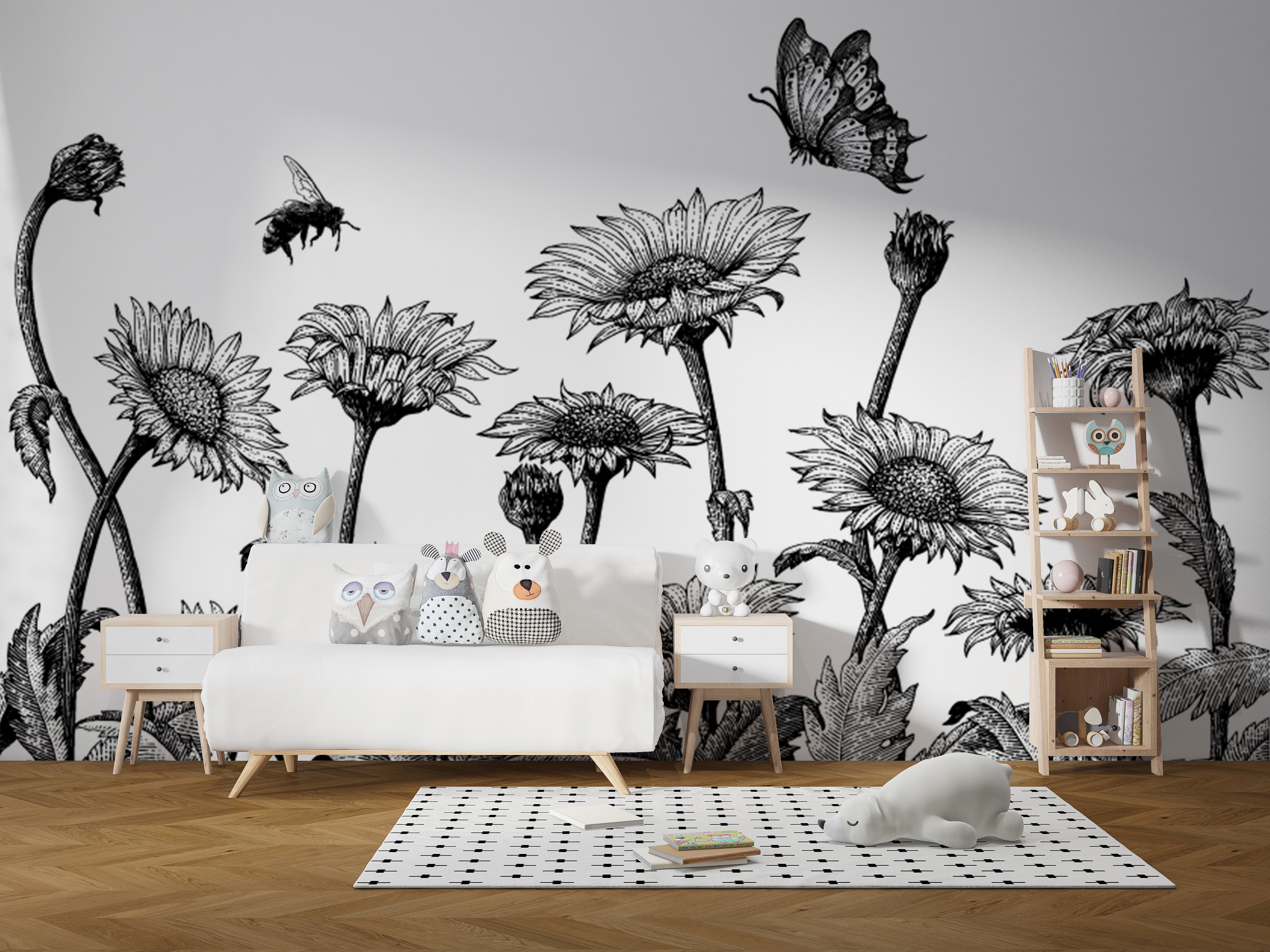 Artistic sketch mural of a sunflower field for elegant wall decor.
