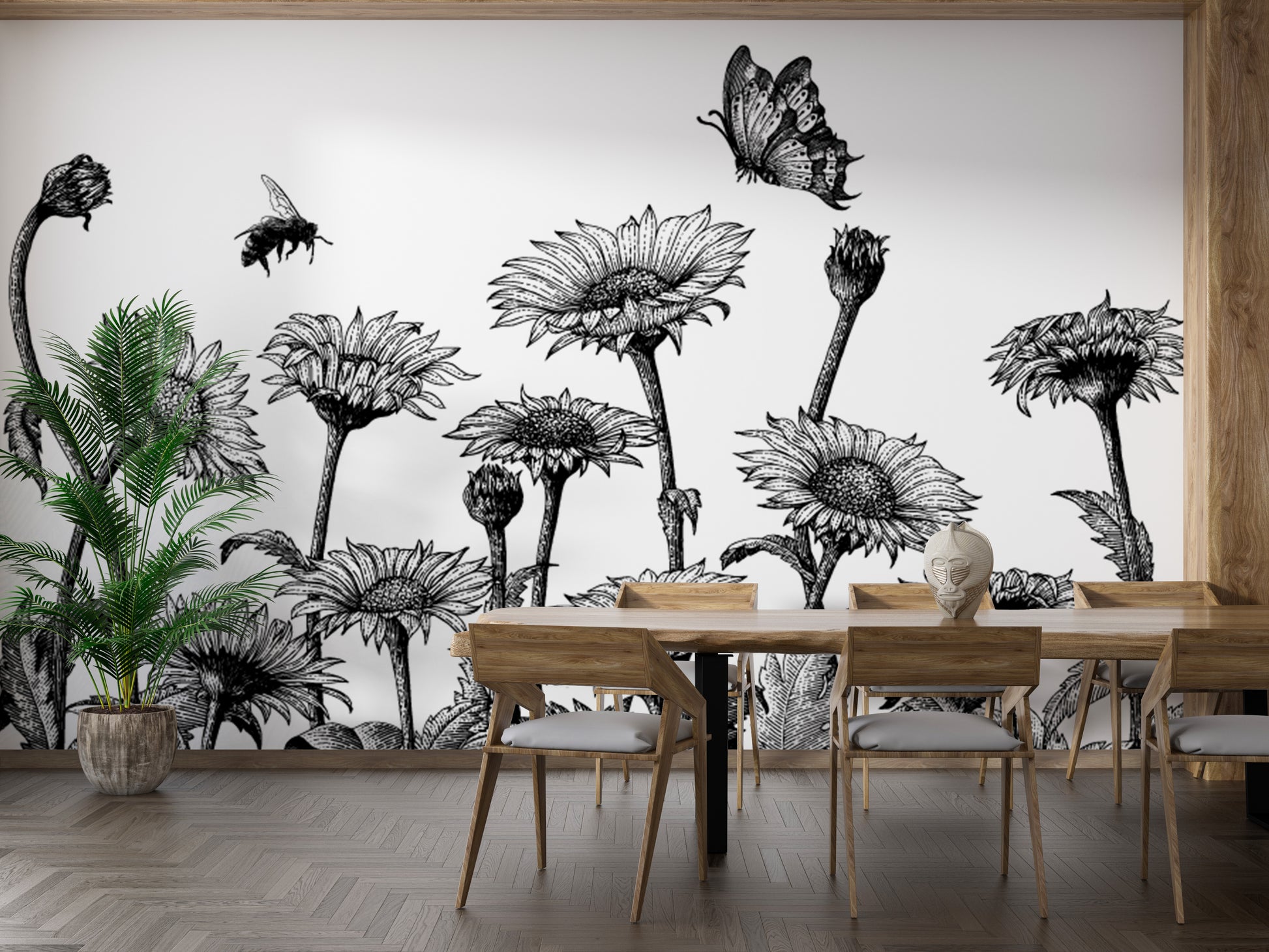 Sunflower field sketch mural for nature-inspired interiors.
