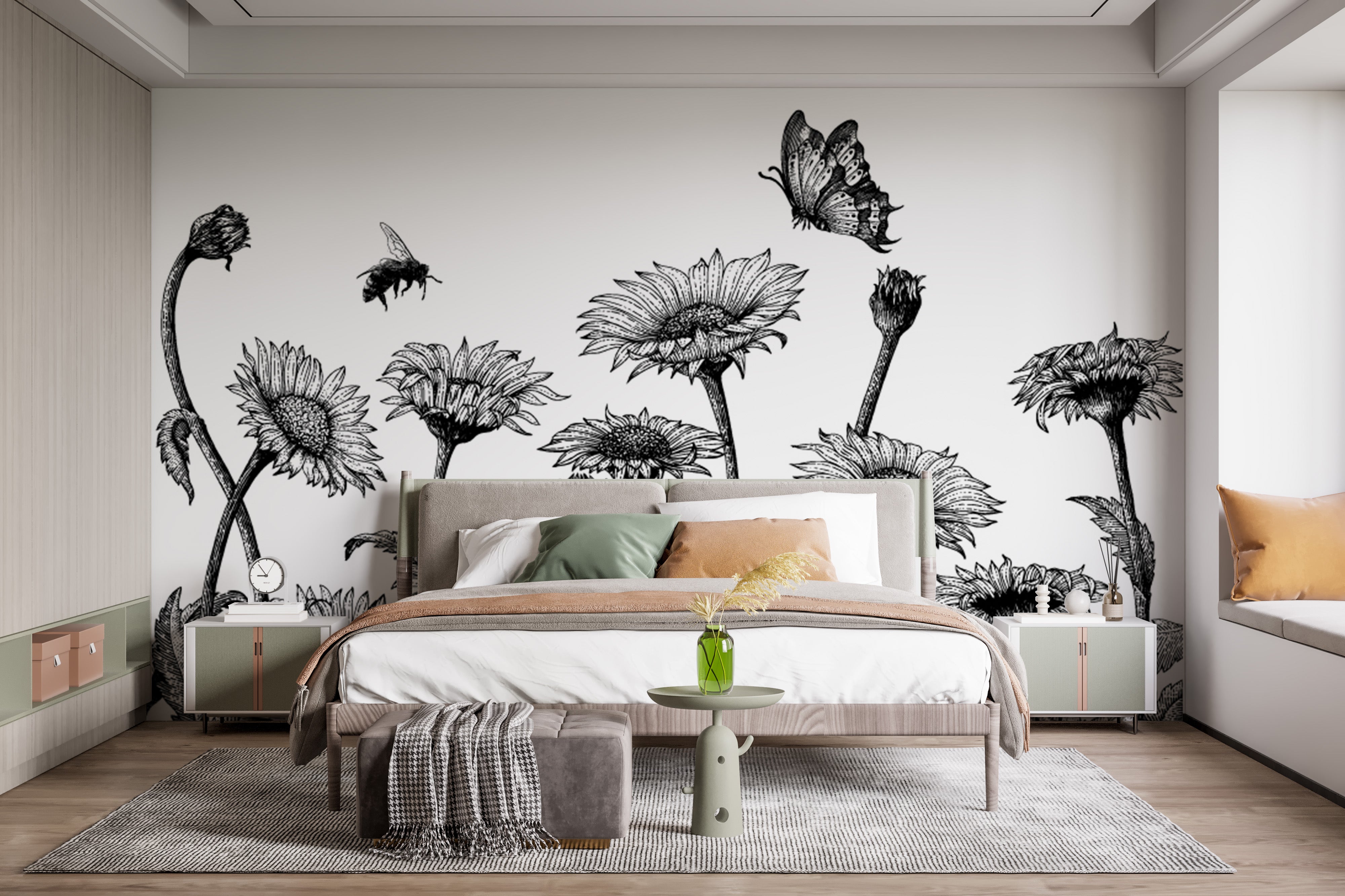 Sketched sunflower field mural for rustic and artistic interiors.
