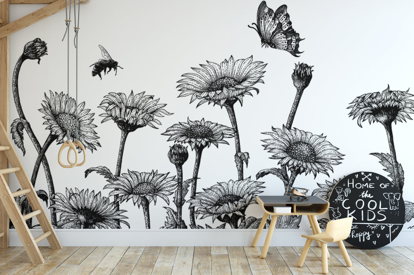 Wall mural featuring a sketched sunflower field design.
