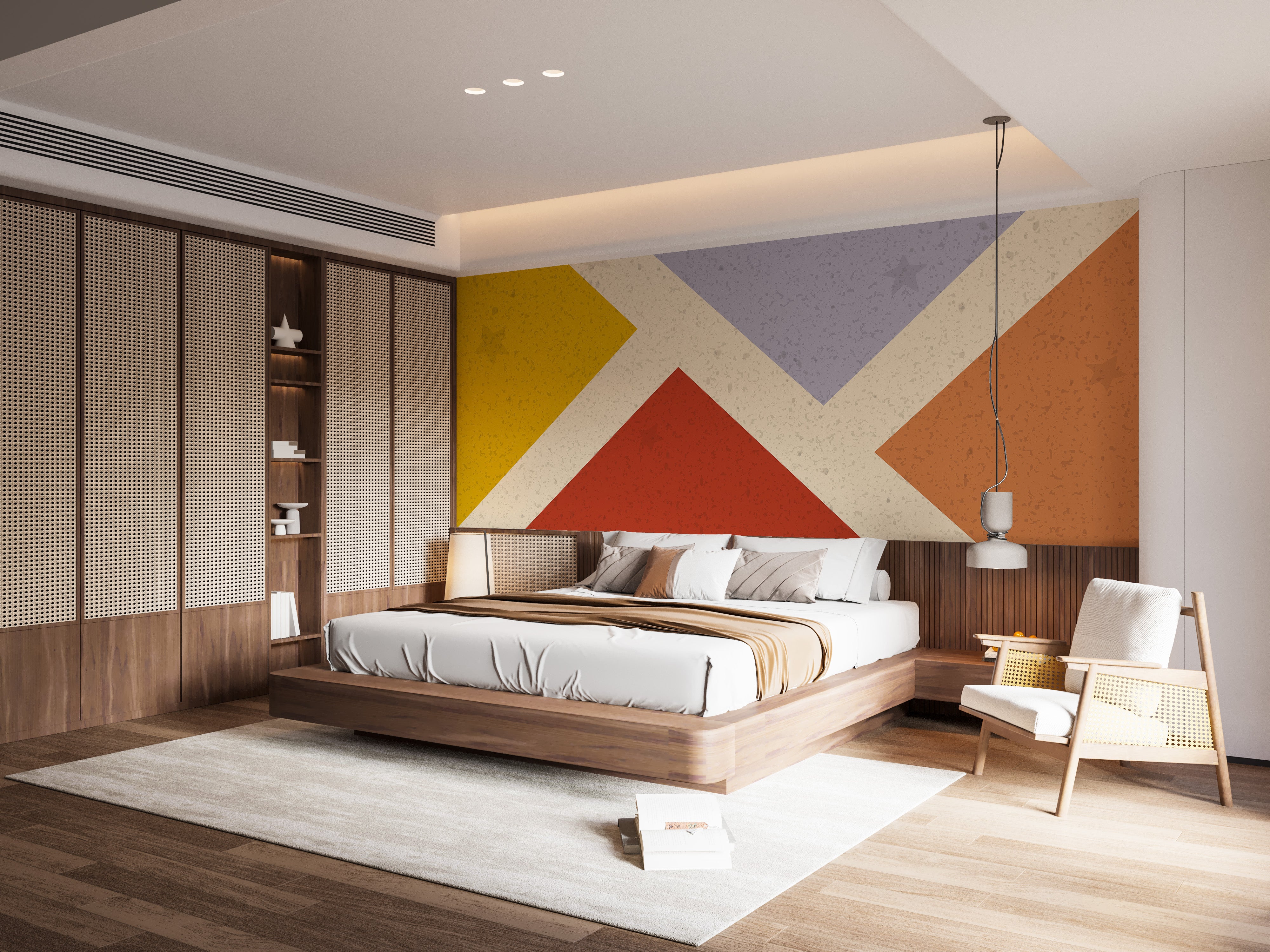 Modern abstract geometric mural with striking shapes and lines.
