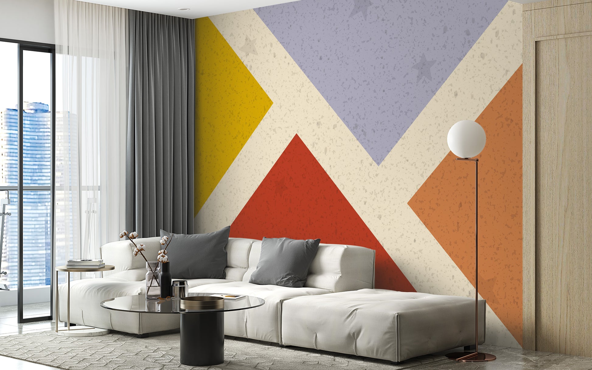 Abstract geometric wall mural for creative and dynamic spaces.
